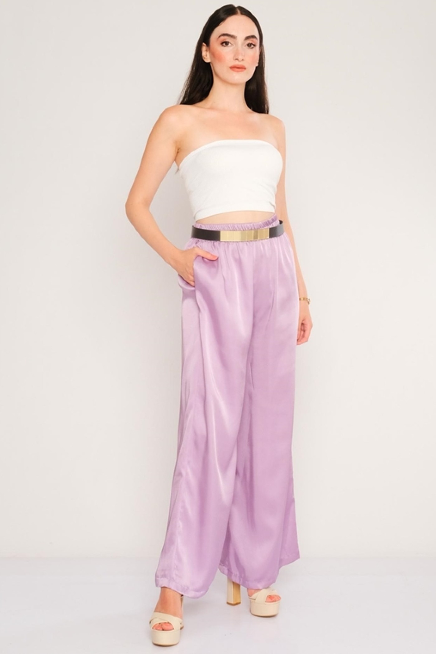 Satin trousers with elastic waist