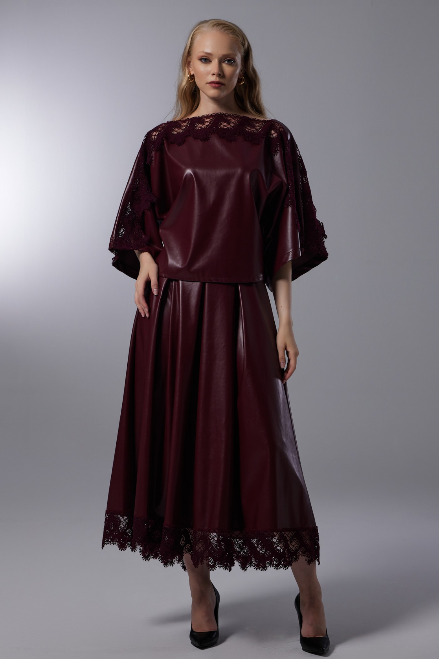 Lace Detailed Pleated Long Skirt