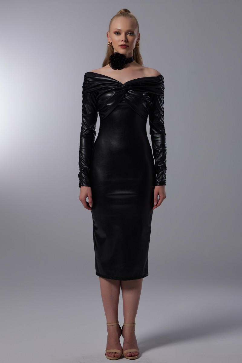 Pleated Detailed Leather Dress