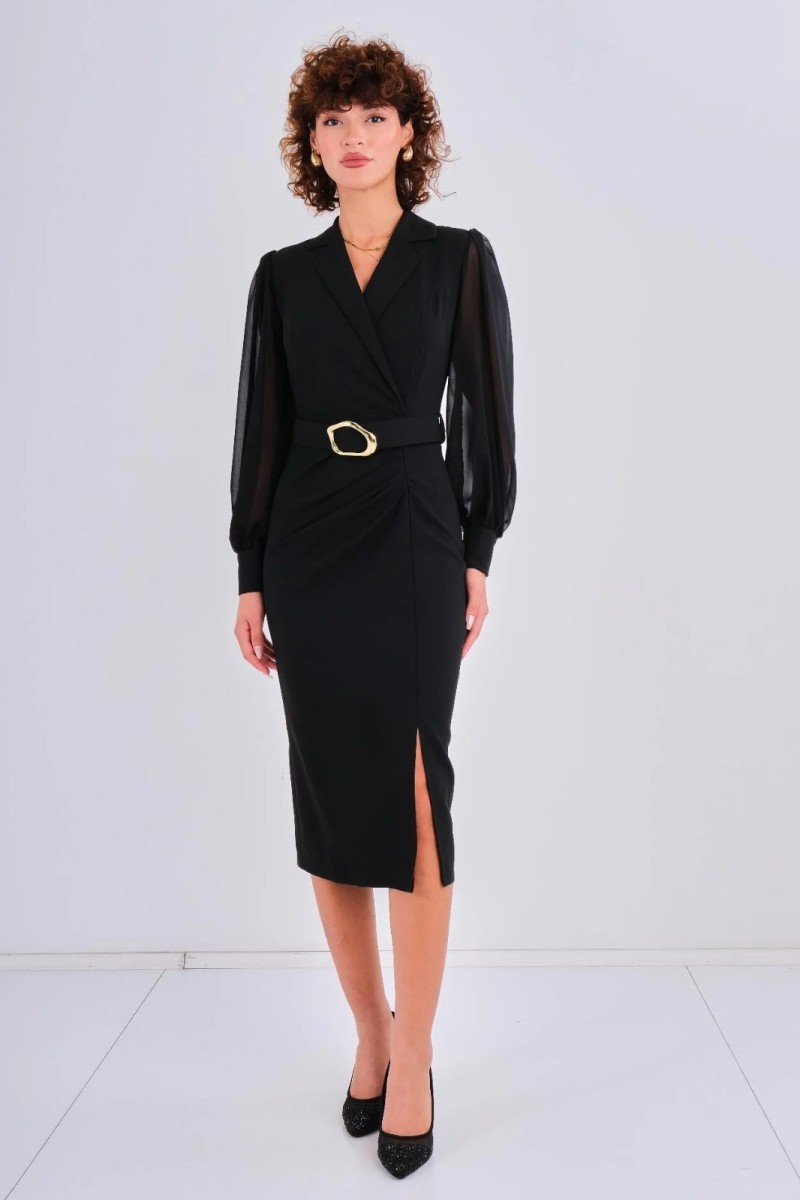 Belted Chiffon Sleeve Dress