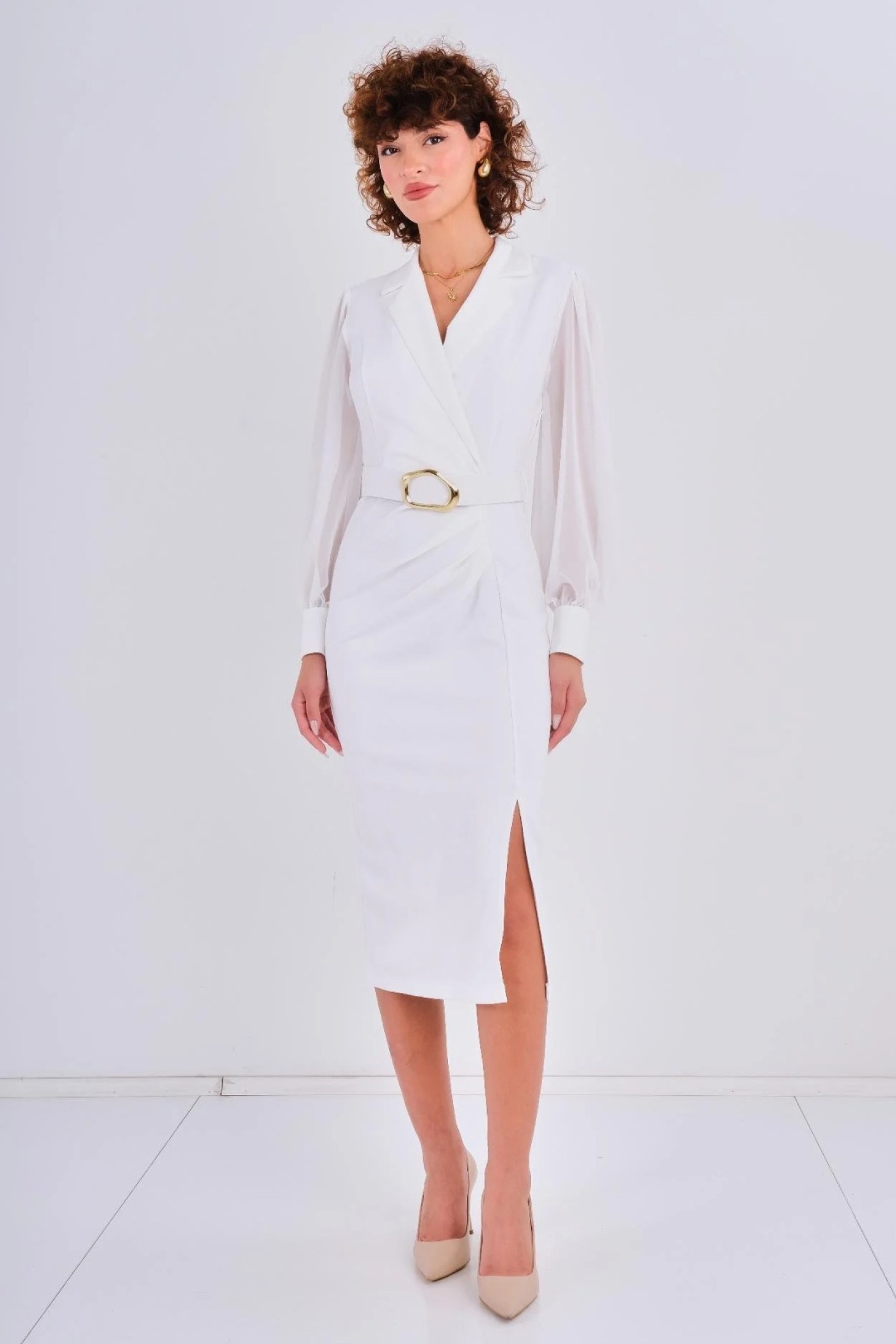 Belted Chiffon Sleeve Dress