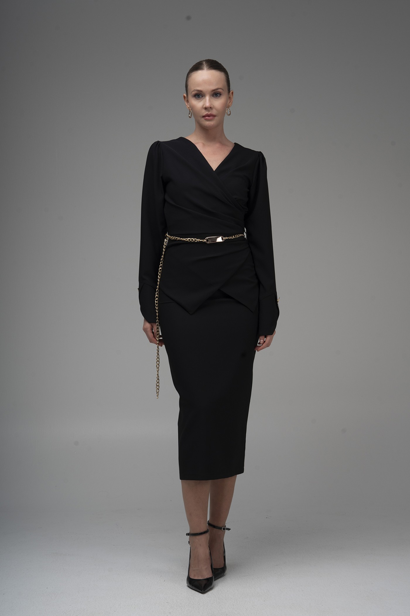 Chain Belt Wrap Satin Dress 
