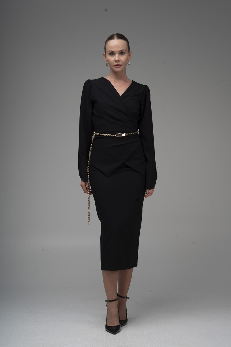 Chain Belt Wrap Satin Dress 