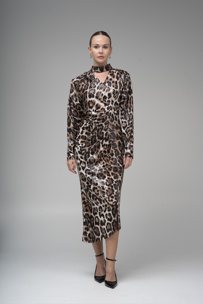 Leopard Print Coated Leather Dress