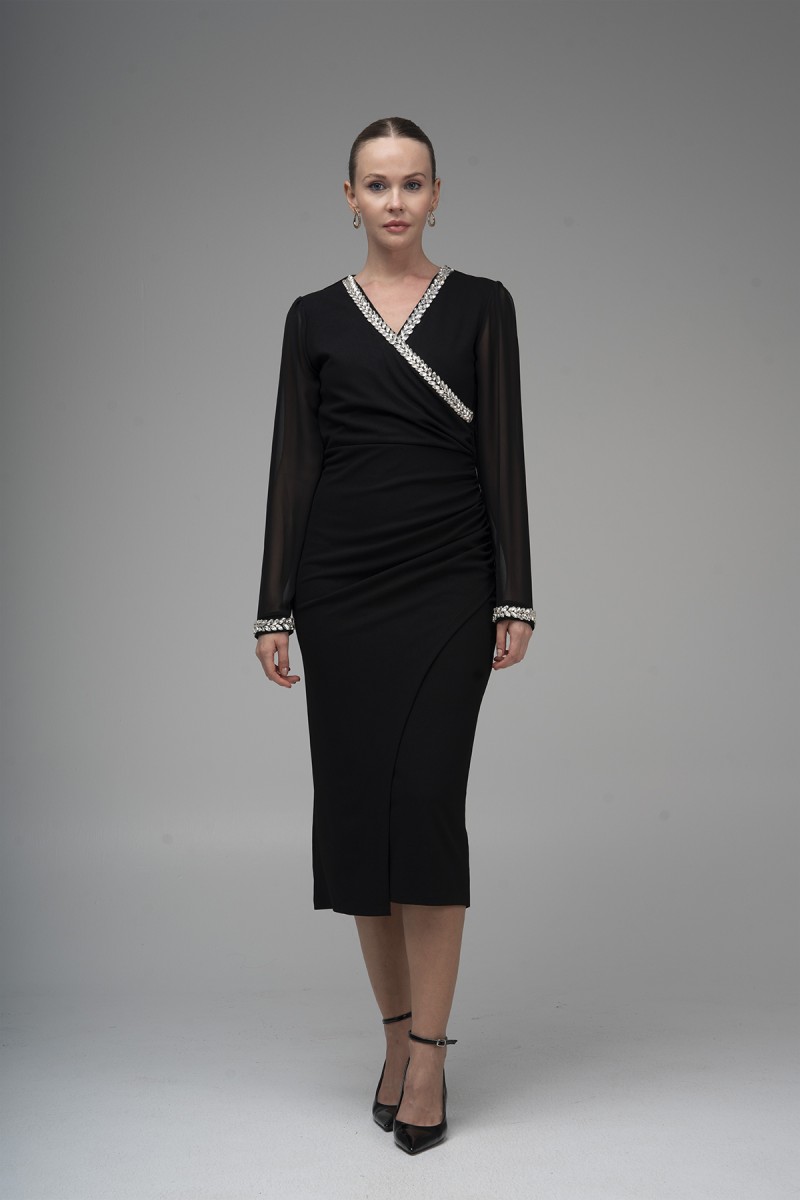 Stone Detailed Chiffon Sleeve Scuba Crepe Dress