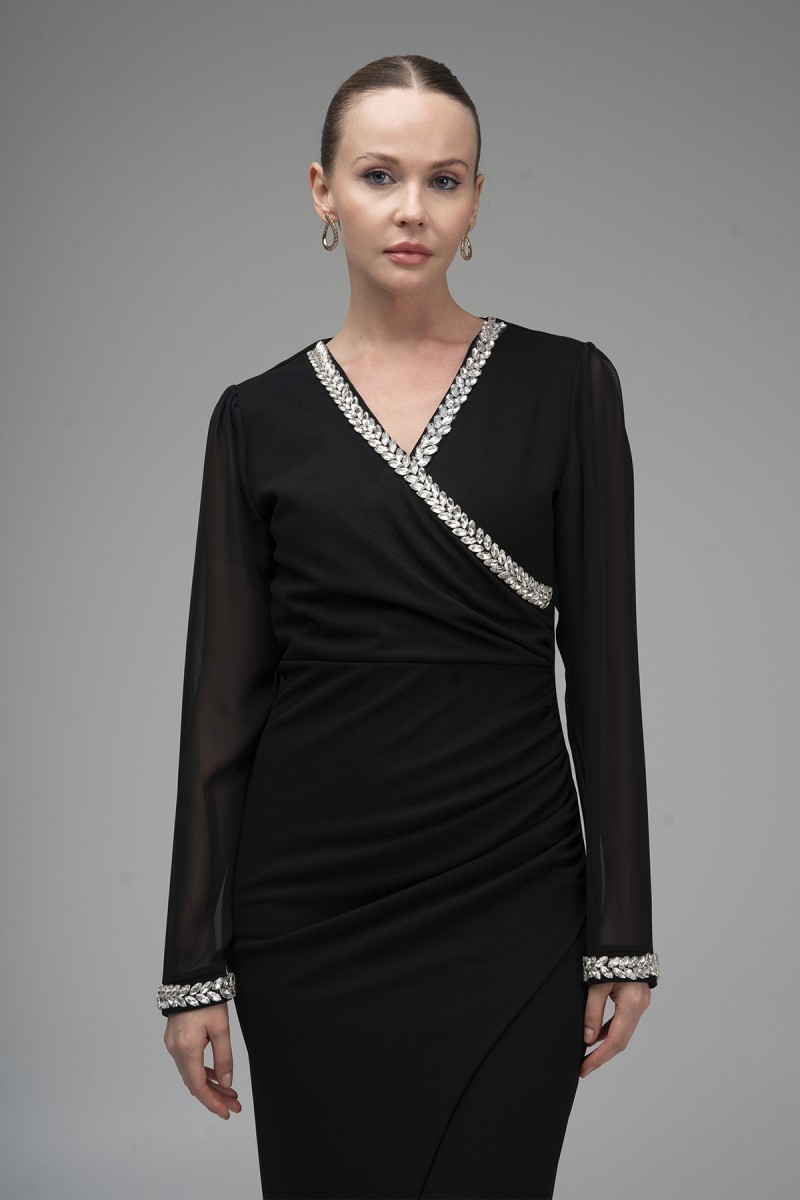 Stone Detailed Chiffon Sleeve Scuba Crepe Dress Stone Detailed Chiffon Sleeve Scuba Crepe Dress