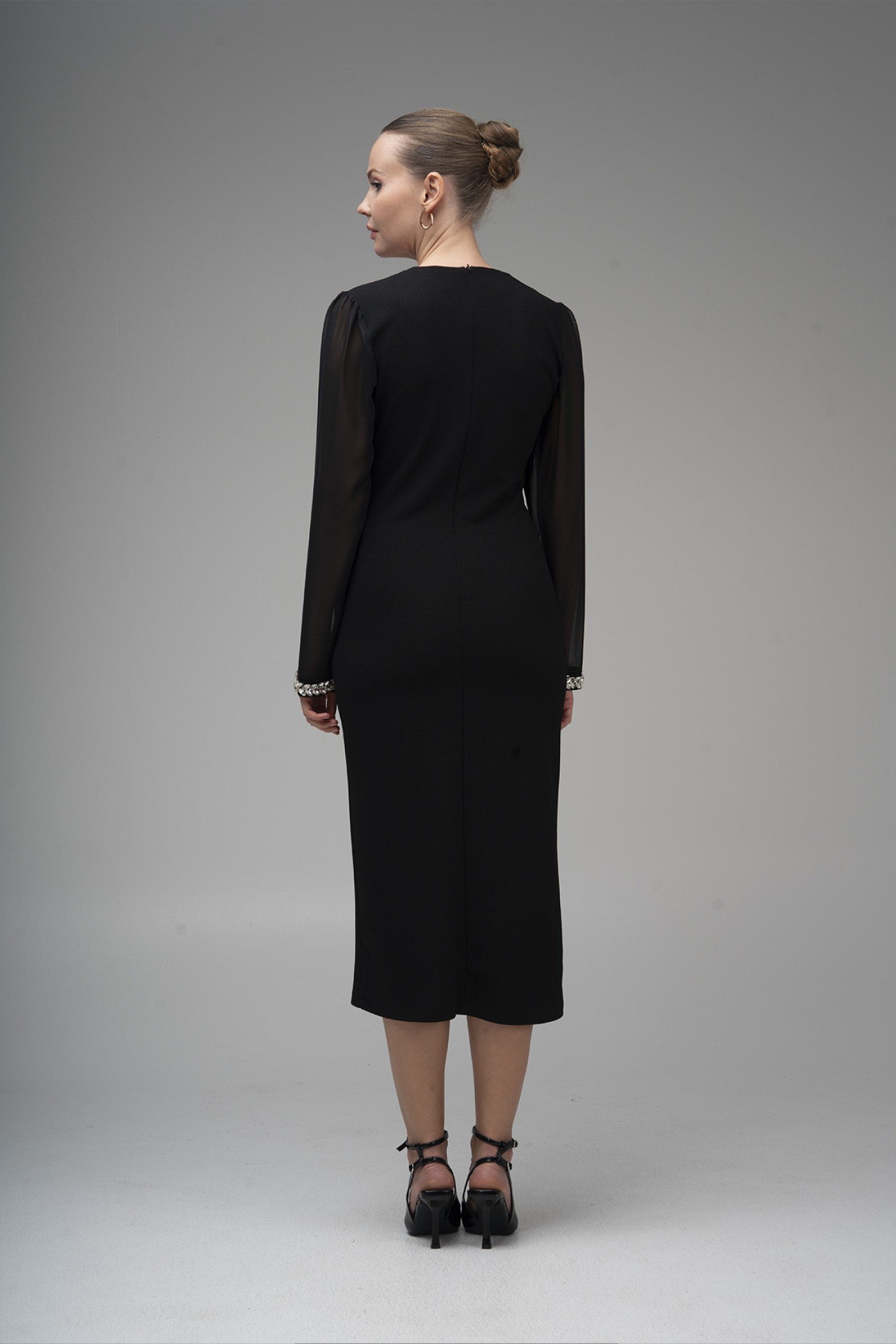Stone Detailed Chiffon Sleeve Scuba Crepe Dress