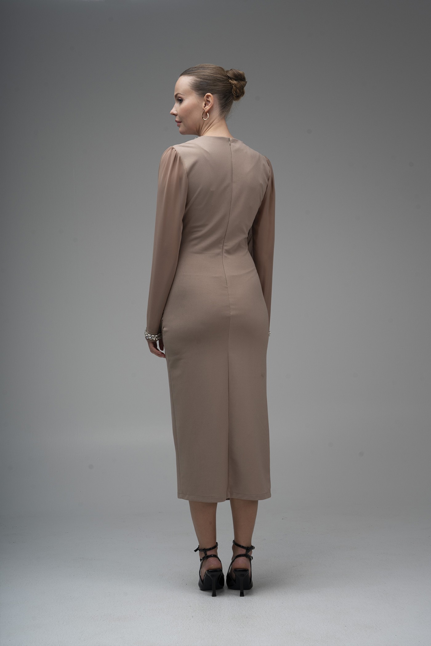 Stone Detailed Chiffon Sleeve Scuba Crepe Dress