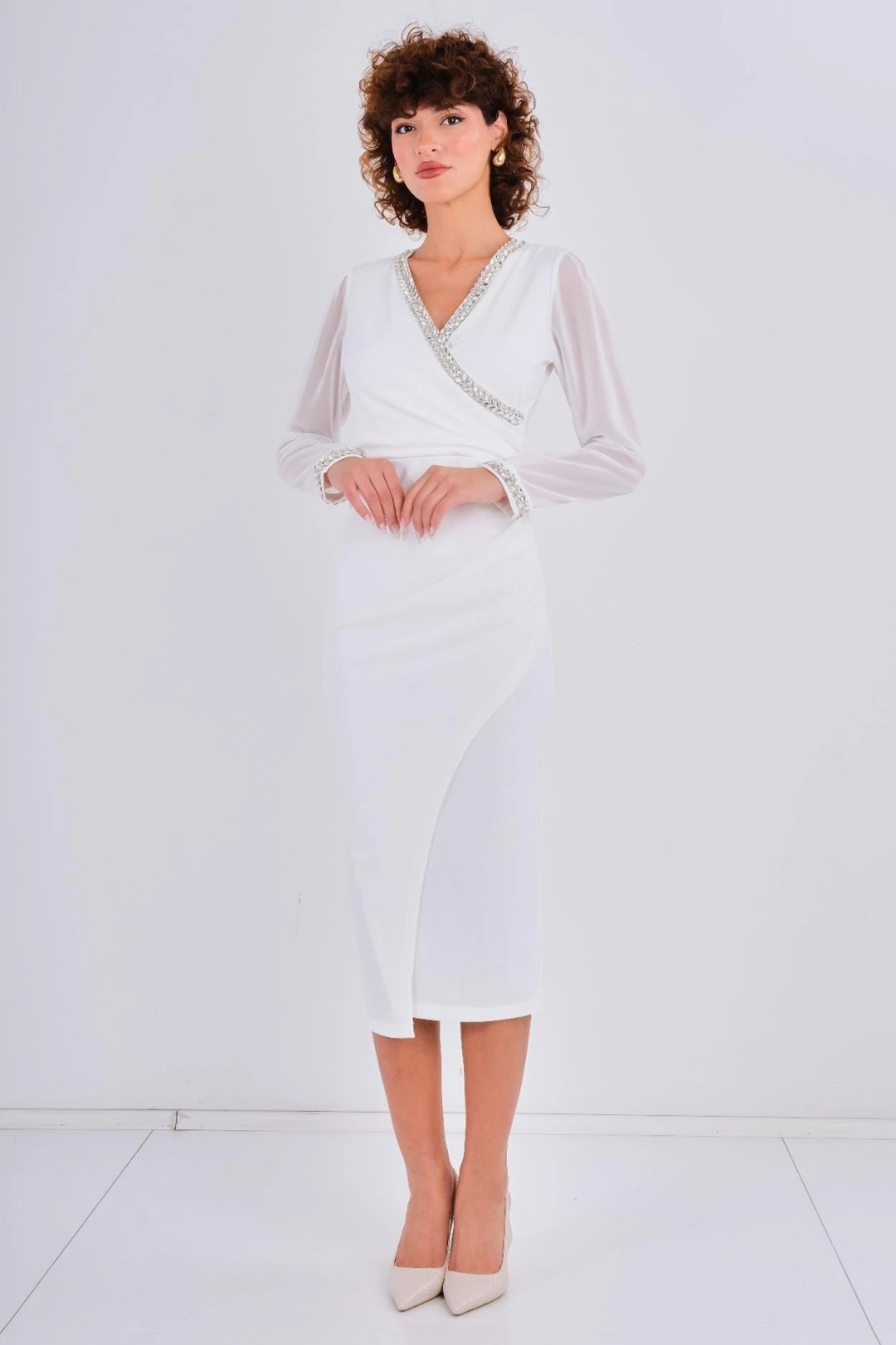 Stone Detailed Chiffon Sleeve Scuba Crepe Dress