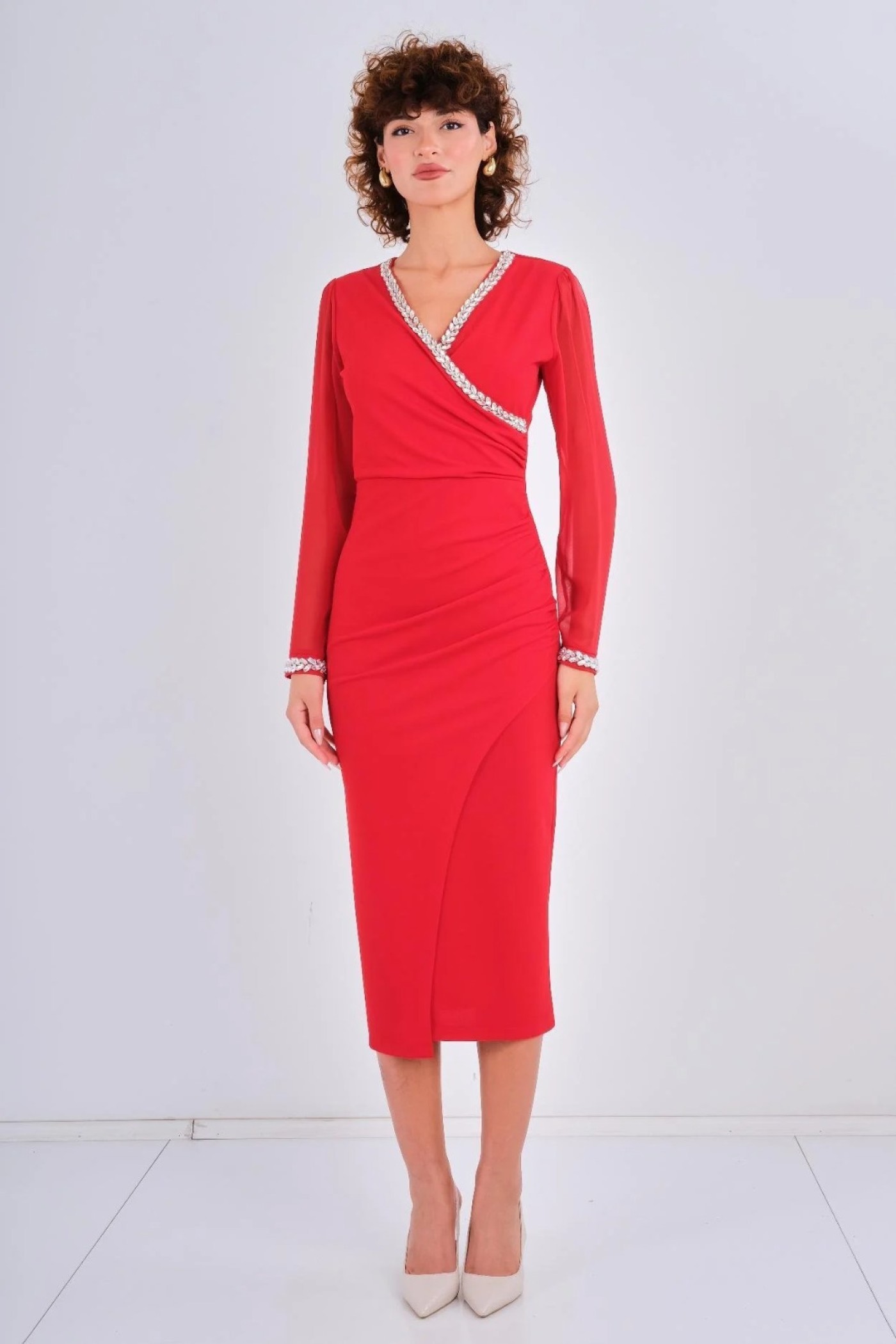 Stone Detailed Chiffon Sleeve Scuba Crepe Dress