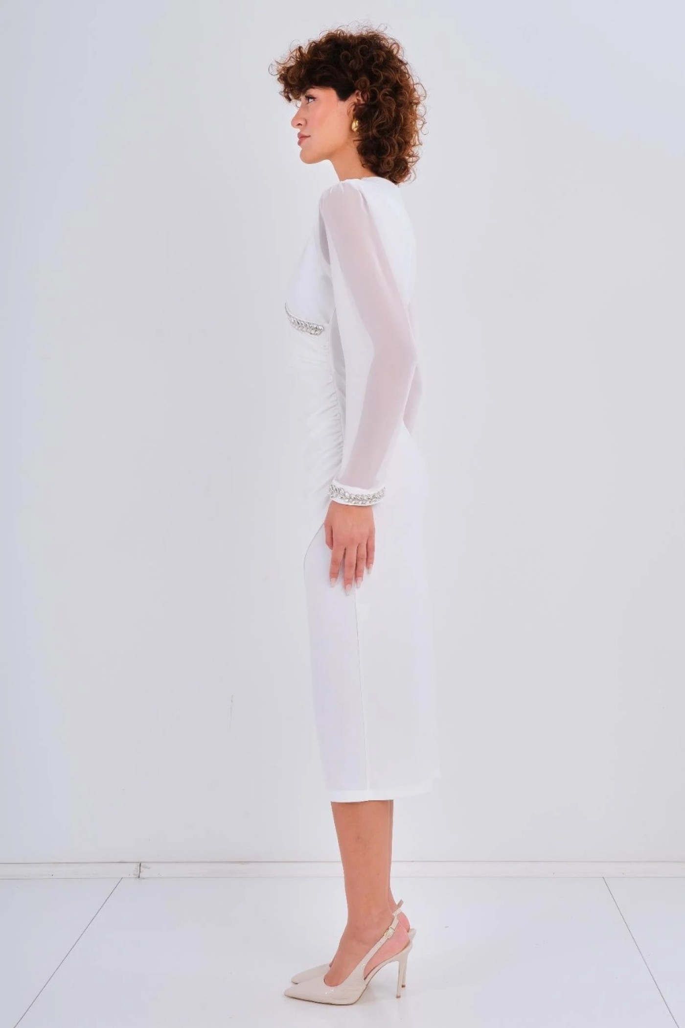 Stone Detailed Chiffon Sleeve Scuba Crepe Dress