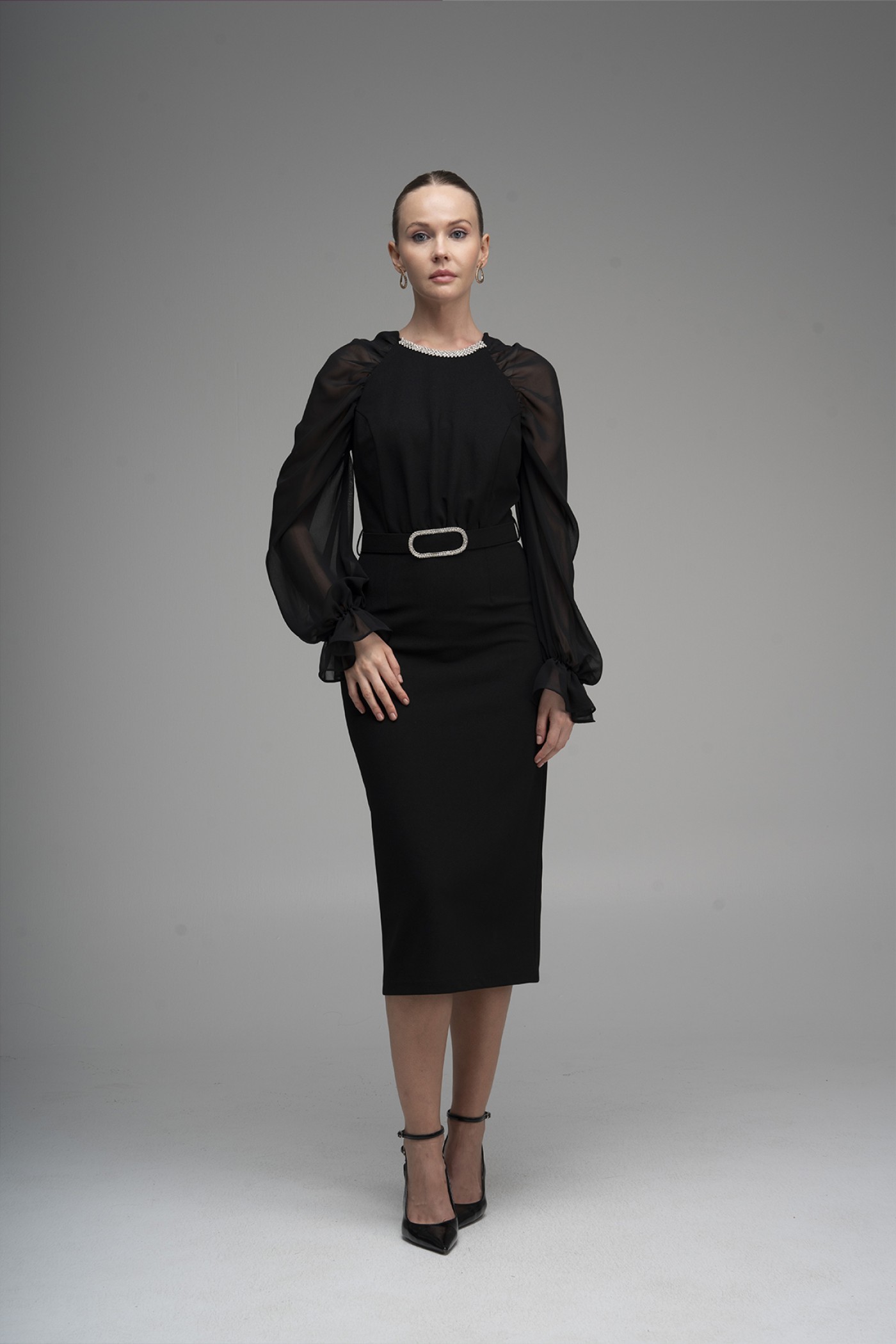 Stone Buckle Chiffon Sleeve Scuba Crepe Dress Stone Buckle Chiffon Sleeve Scuba Crepe Dress