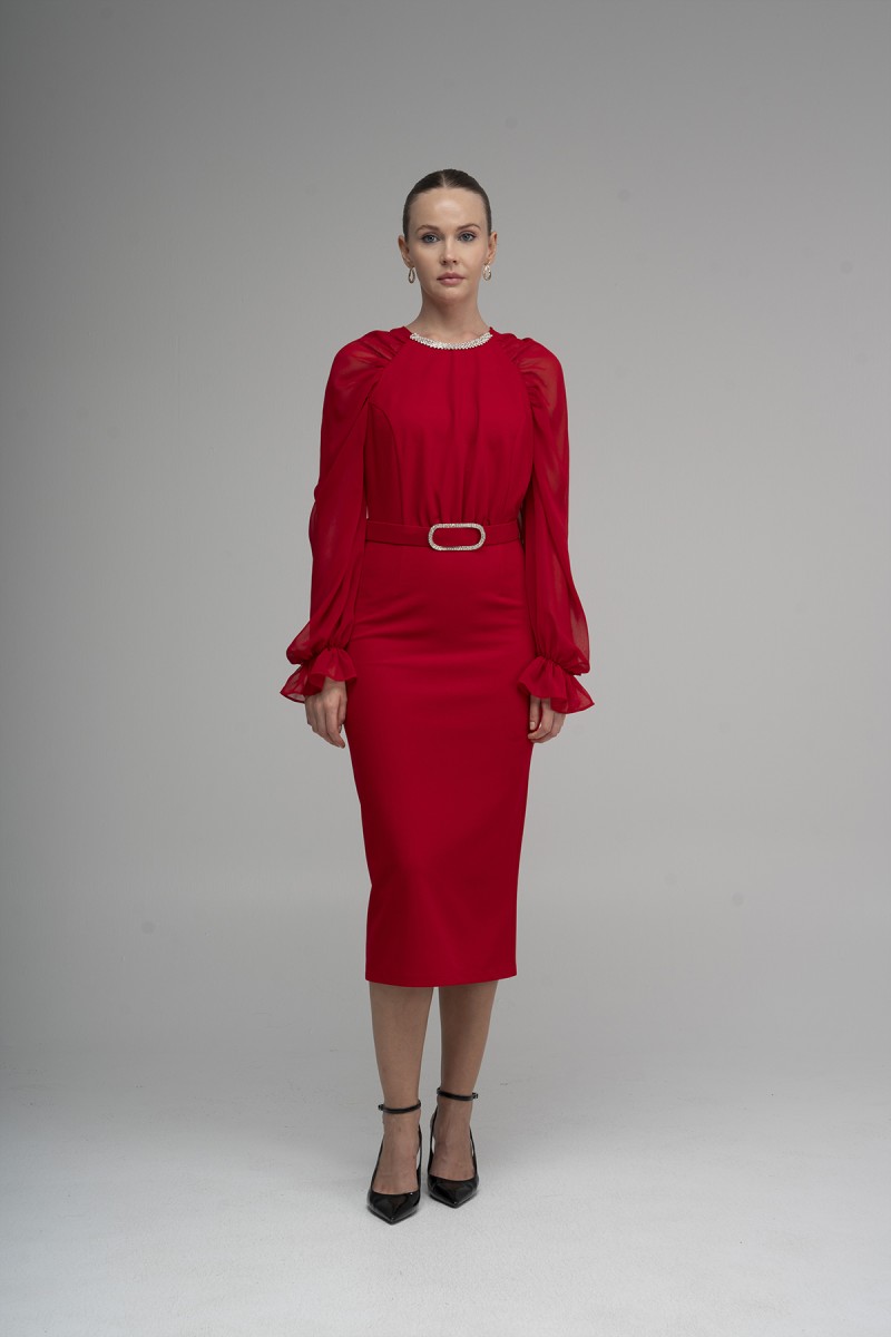 Stone Buckle Chiffon Sleeve Scuba Crepe Dress