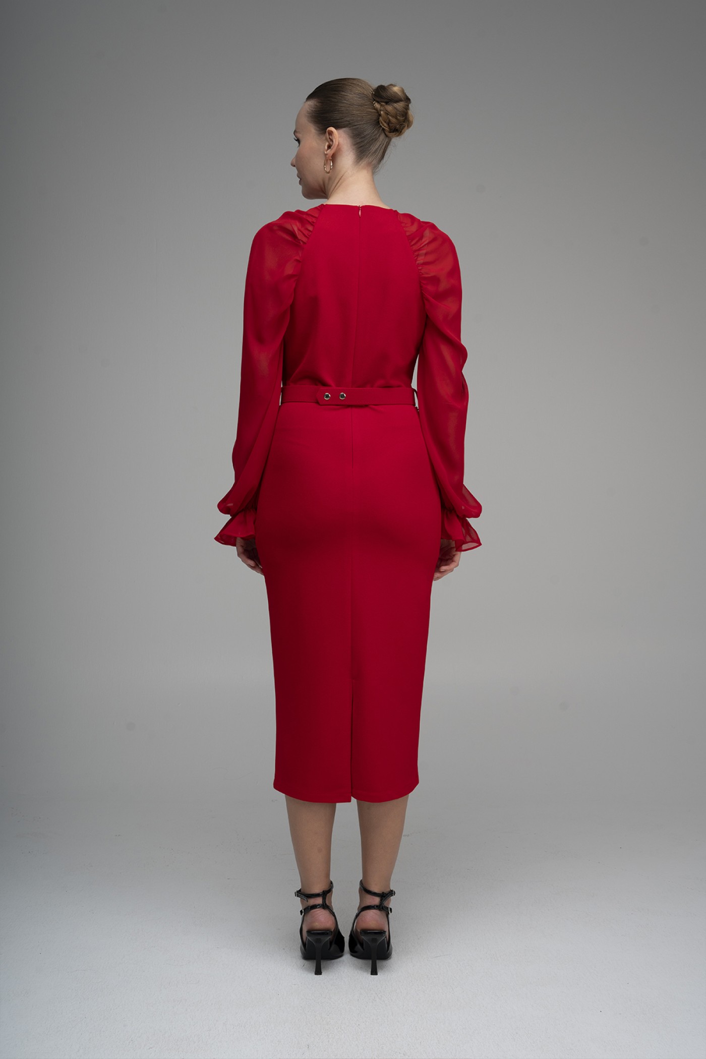 Stone Buckle Chiffon Sleeve Scuba Crepe Dress Stone Buckle Chiffon Sleeve Scuba Crepe Dress