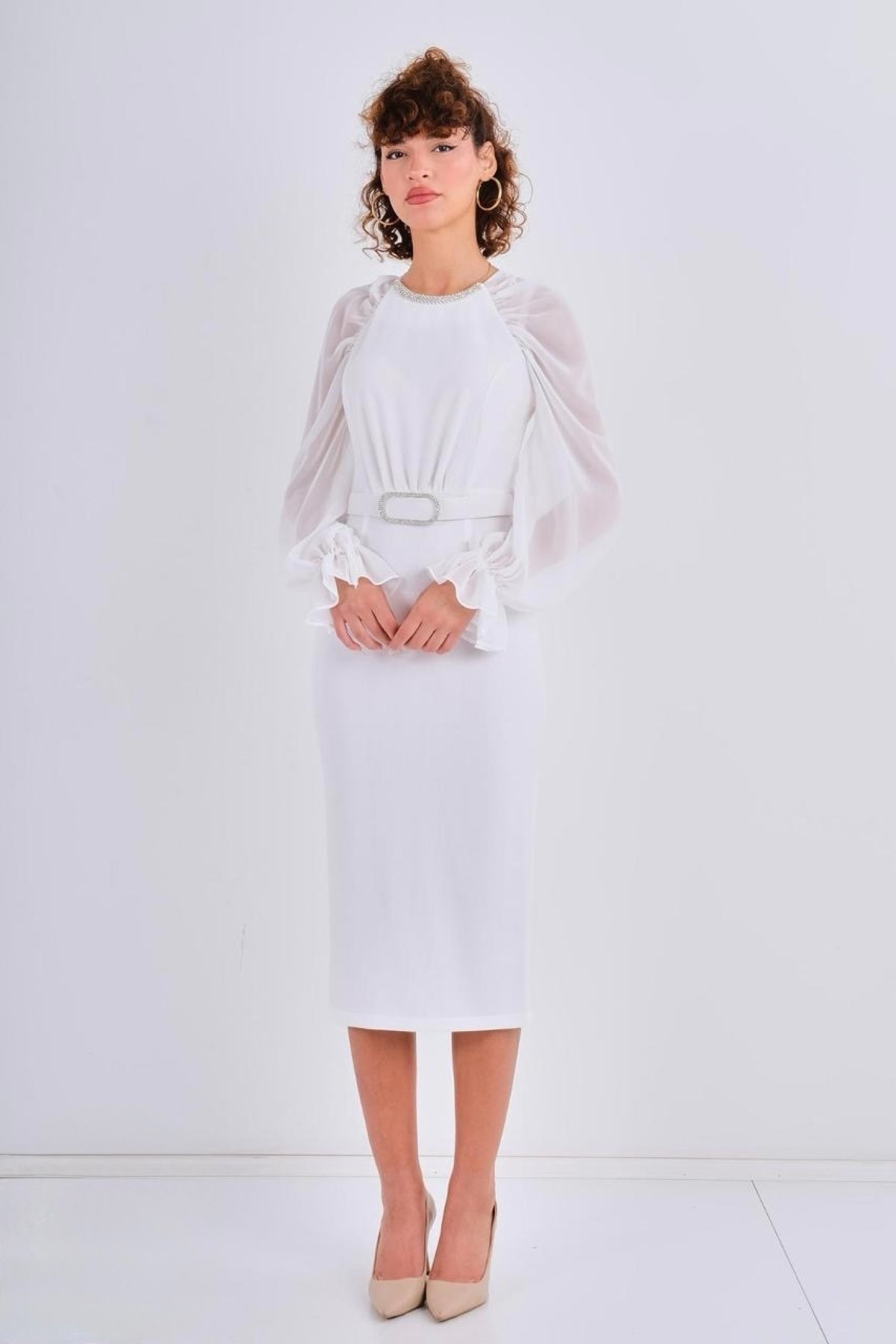 Stone Buckle Chiffon Sleeve Scuba Crepe Dress Stone Buckle Chiffon Sleeve Scuba Crepe Dress