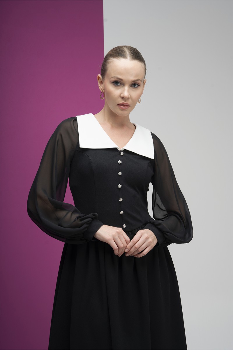 Contrast Collar Chiffon Sleeve Scuba Crepe Dress Contrast Collar Chiffon Sleeve Scuba Crepe Dress