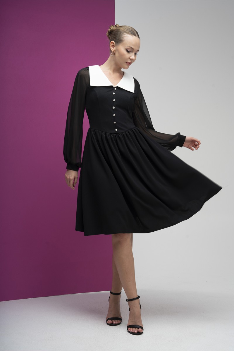 Contrast Collar Chiffon Sleeve Scuba Crepe Dress