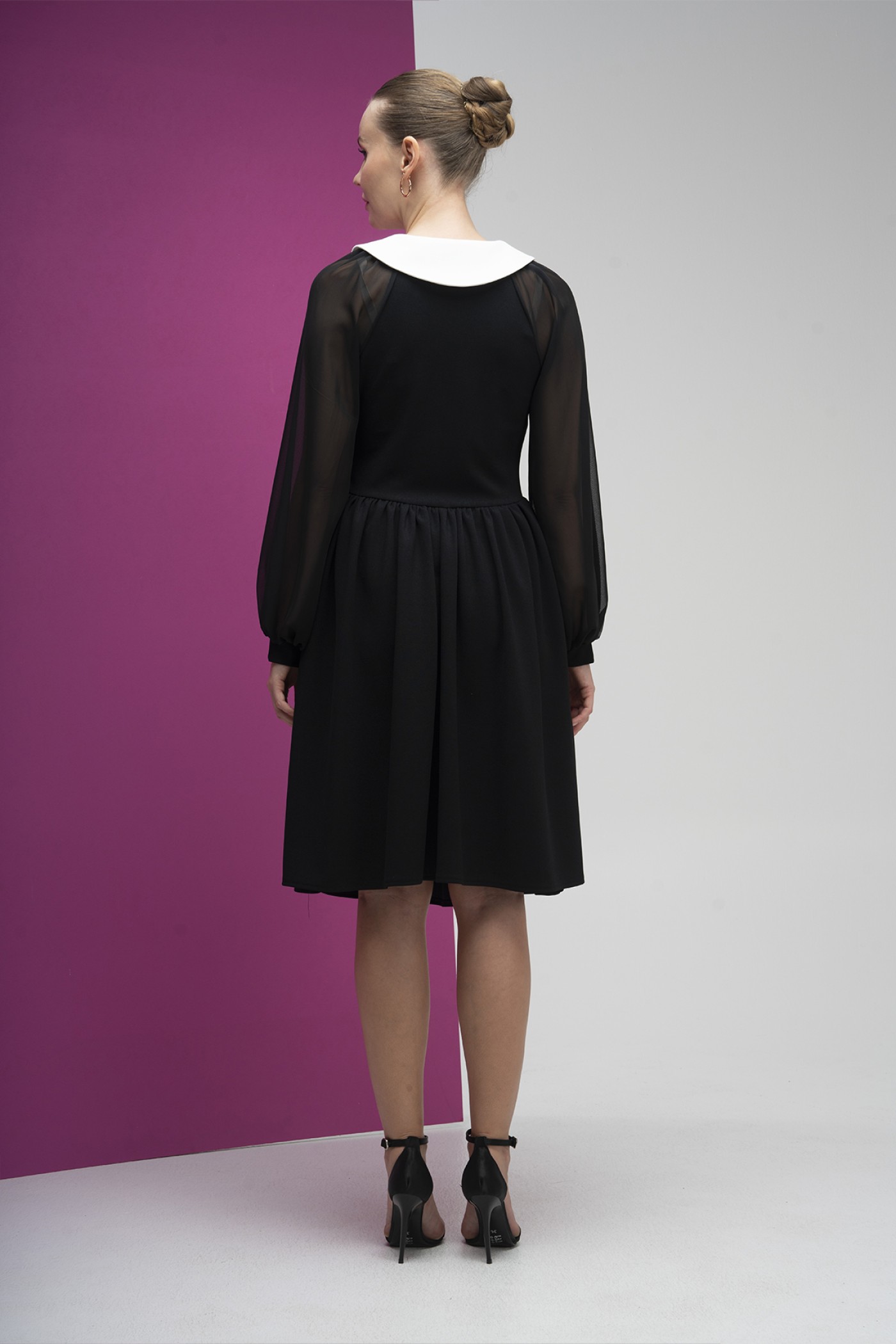 Contrast Collar Chiffon Sleeve Scuba Crepe Dress Contrast Collar Chiffon Sleeve Scuba Crepe Dress