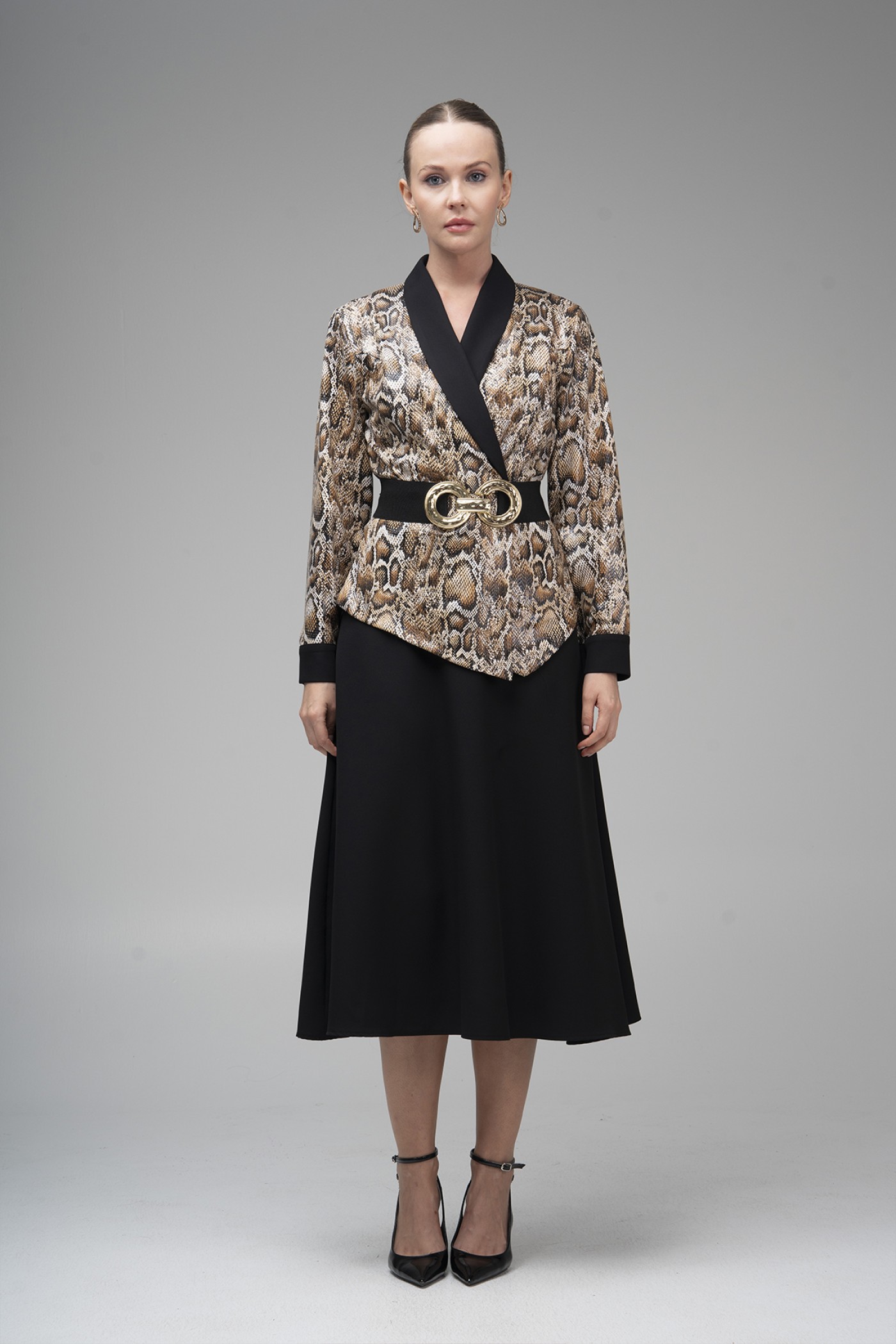 Buckle Belt Patterned Coated Leather Blazer Dress Buckle Belt Patterned Coated Leather Blazer Dress
