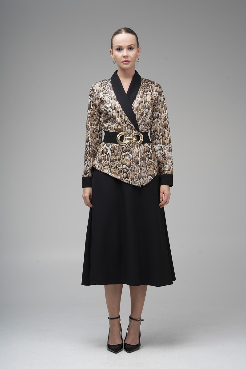 Buckle Belt Patterned Coated Leather Blazer Dress