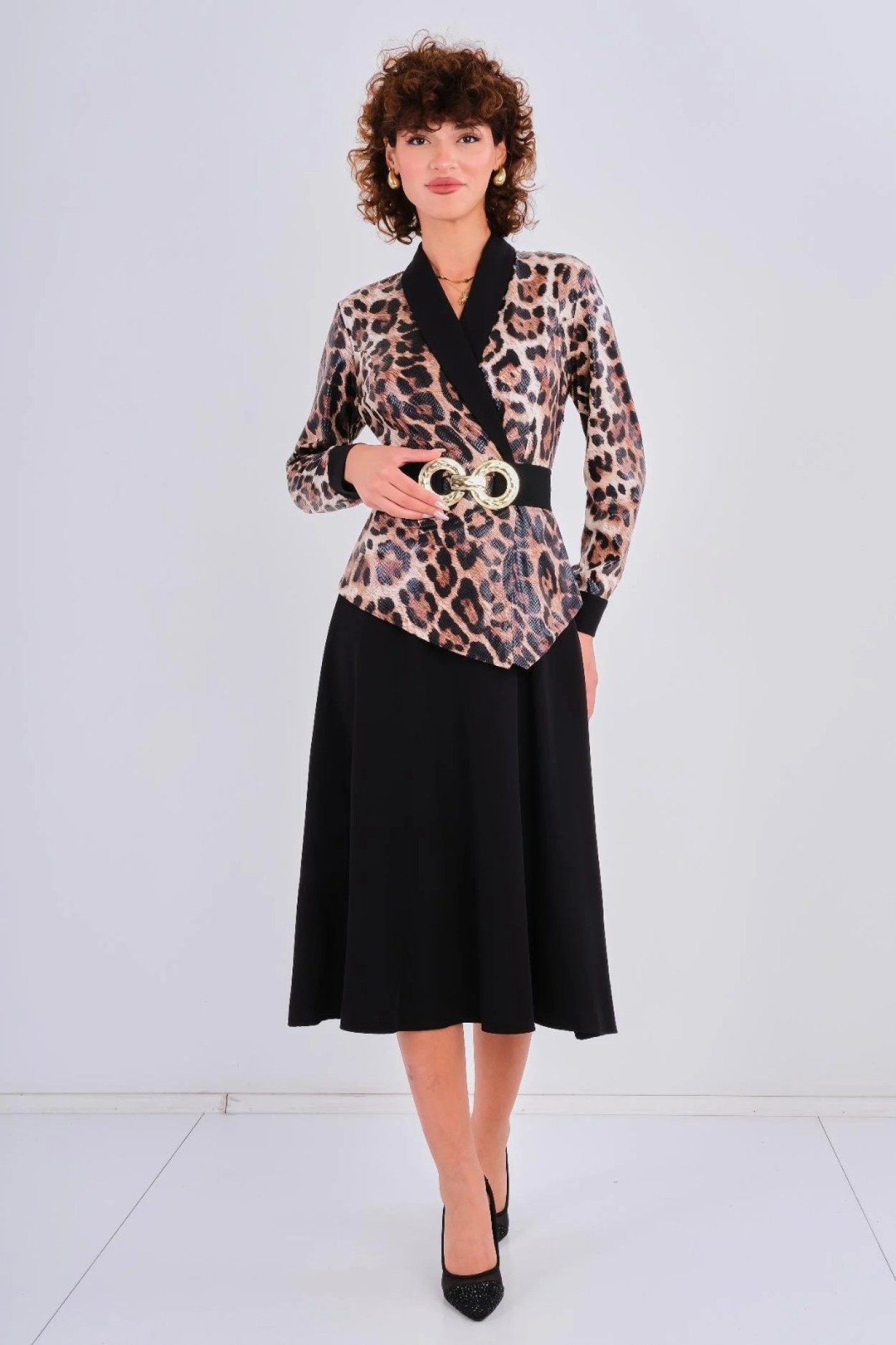 Buckle Belt Patterned Coated Leather Blazer Dress