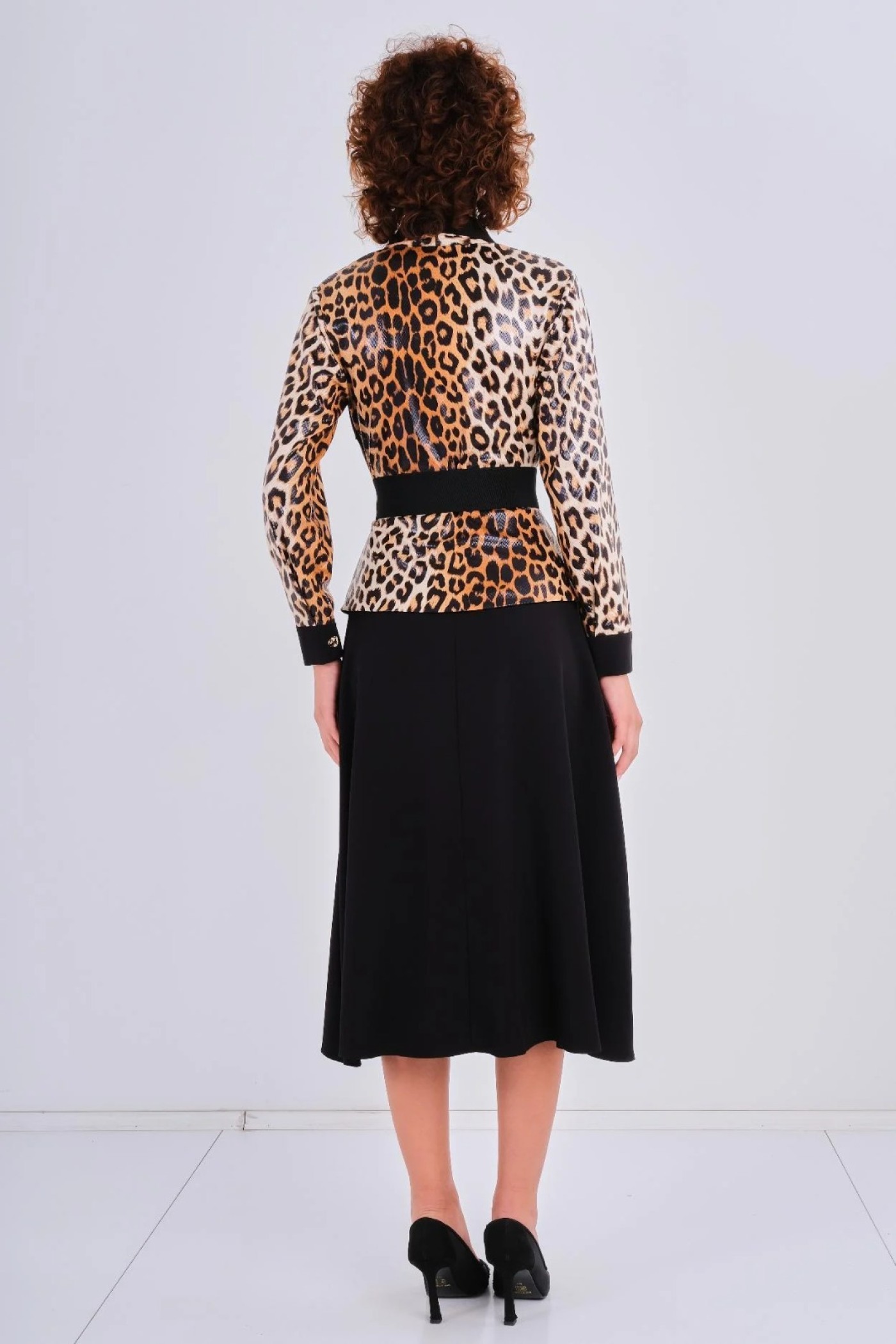 Buckle Belt Patterned Coated Leather Blazer Dress