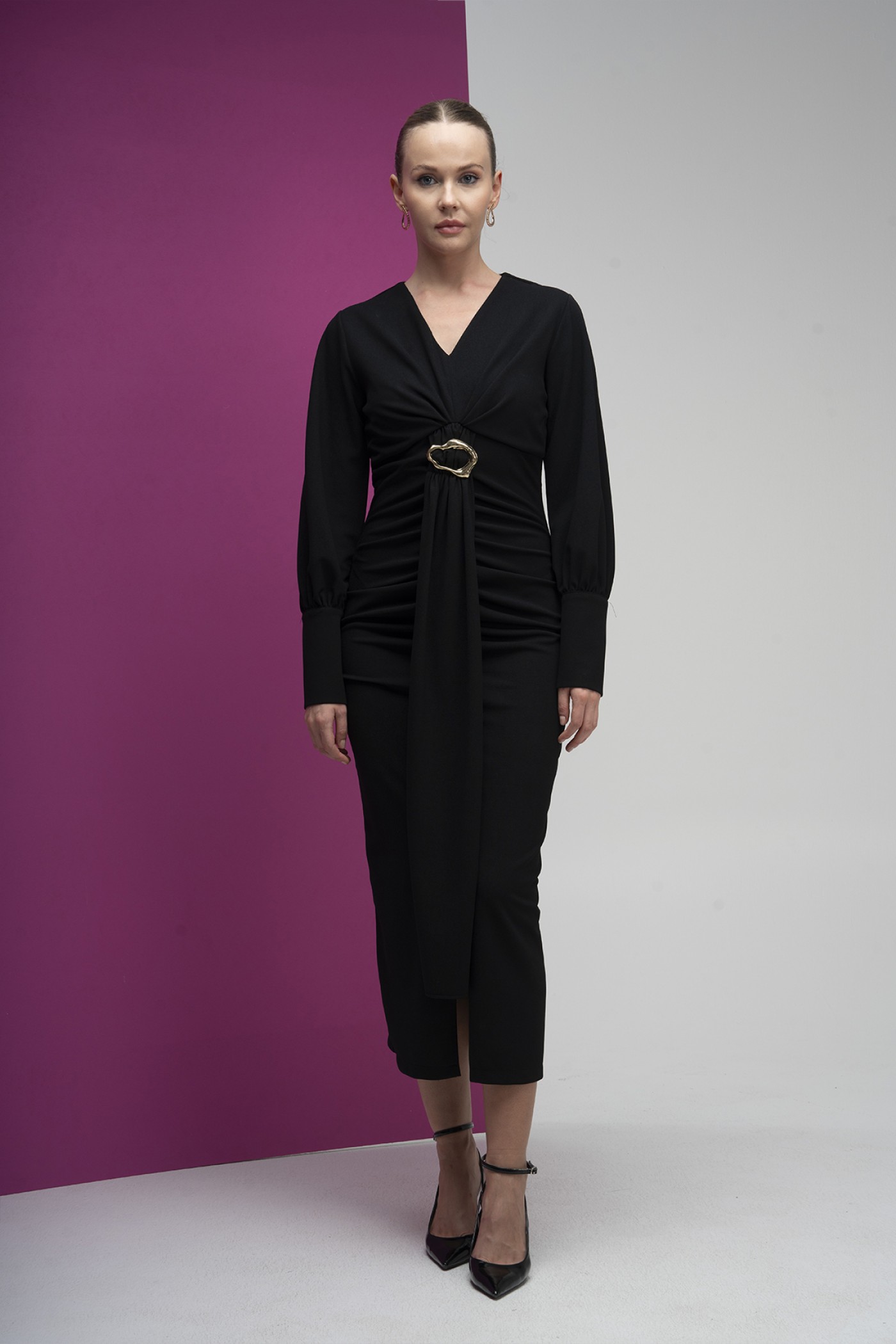 Buckle Detailed Draped Scuba Crepe Dress