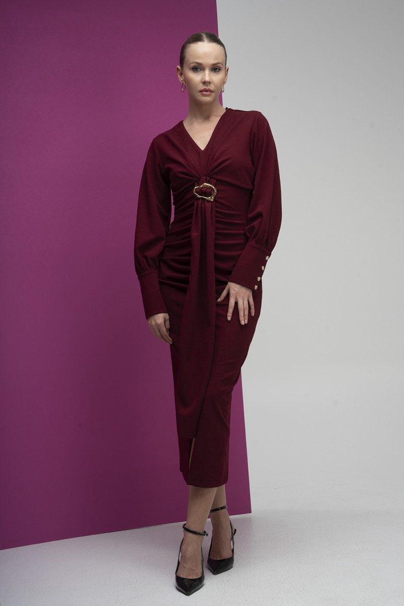 Buckle Detailed Draped Scuba Crepe Dress