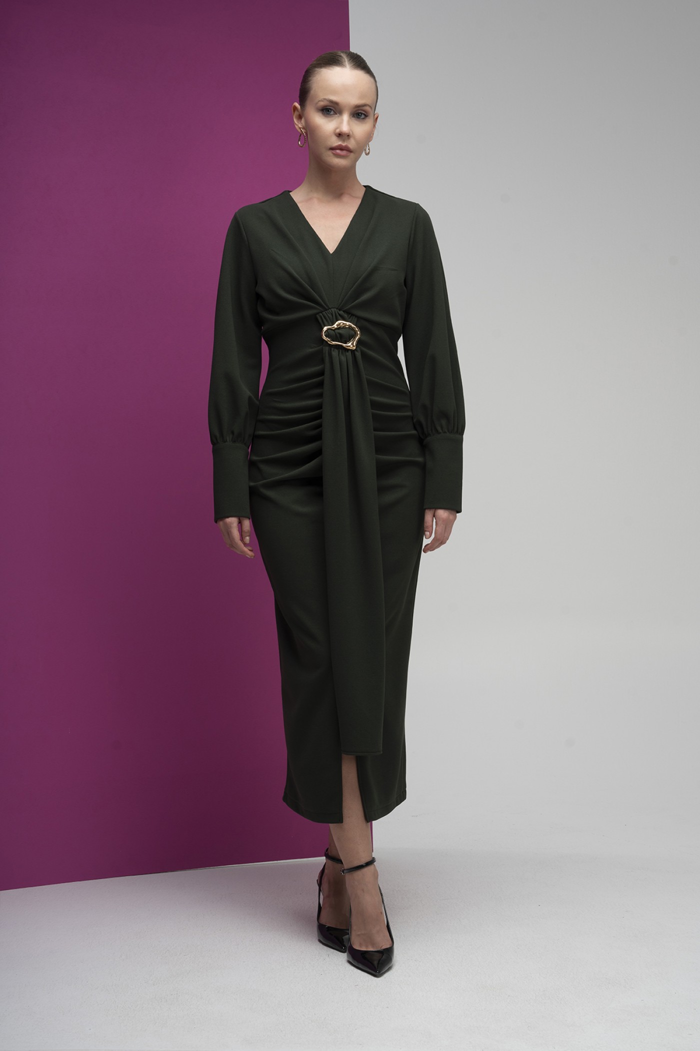 Buckle Detailed Draped Scuba Crepe Dress
