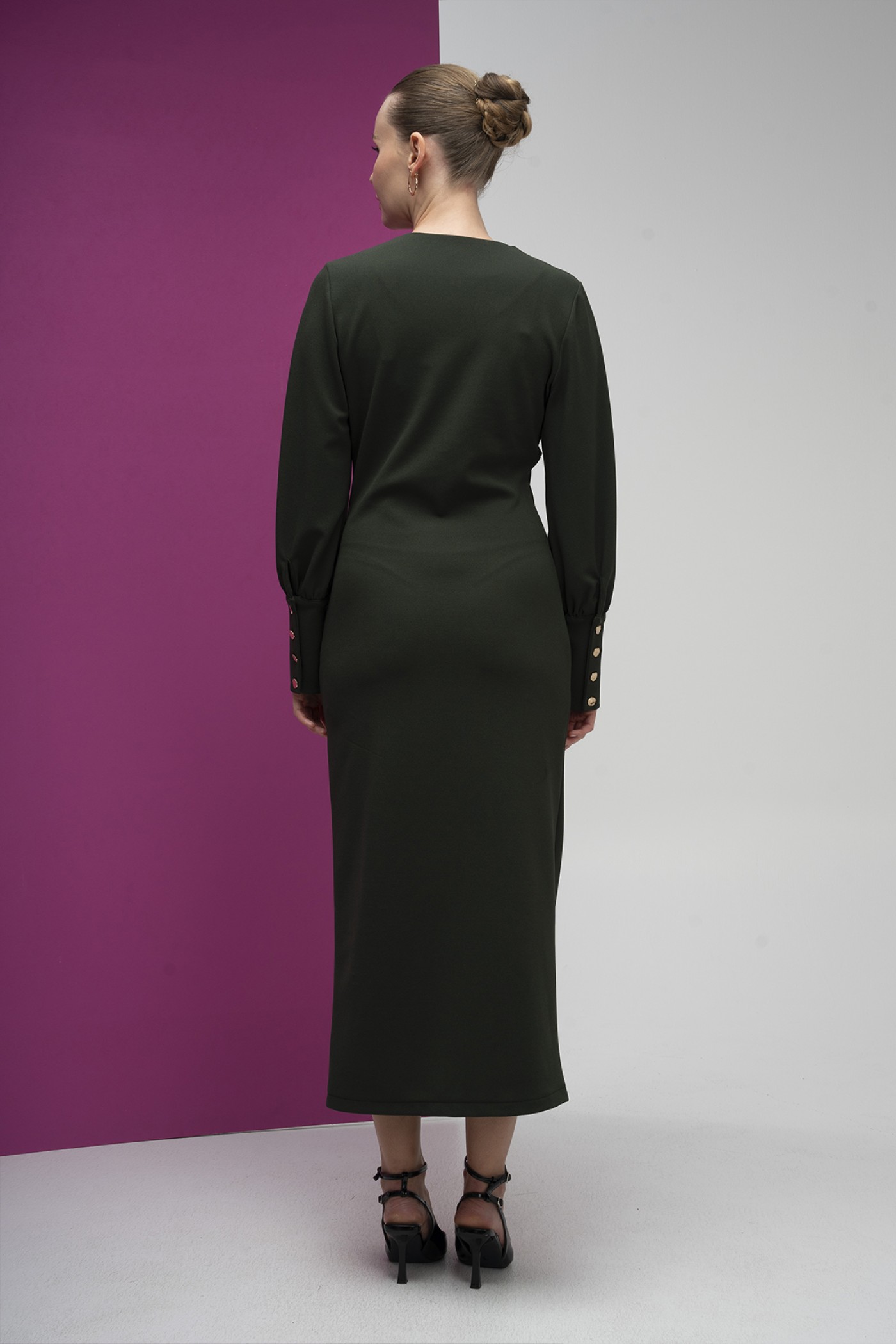 Buckle Detailed Draped Scuba Crepe Dress