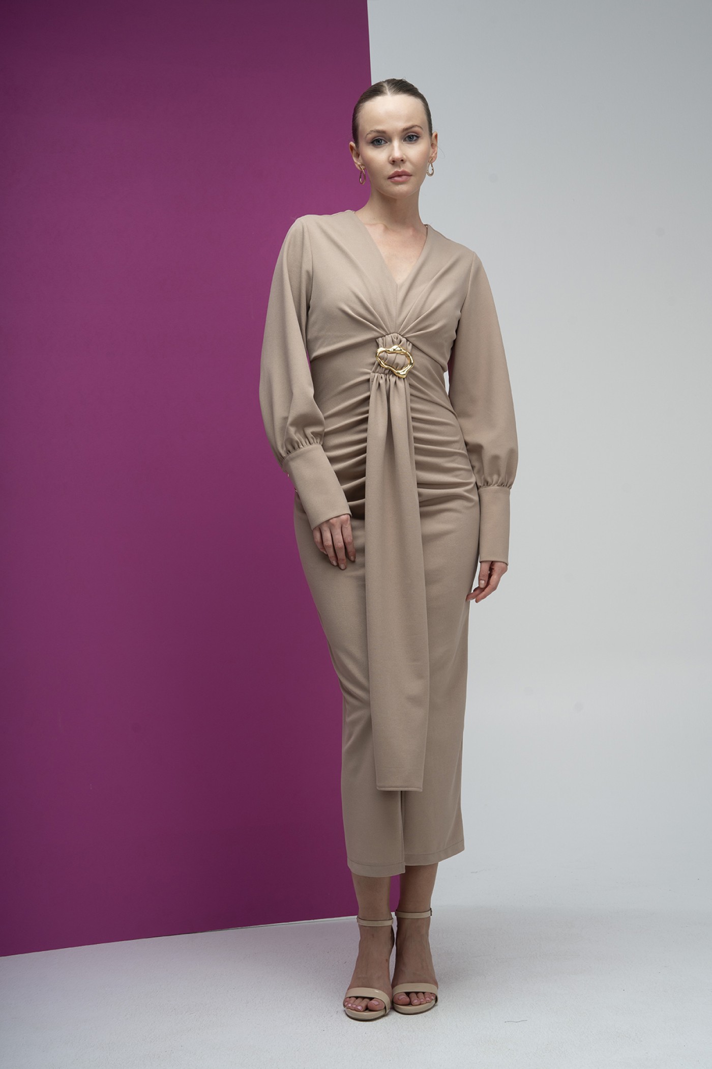 Buckle Detailed Draped Scuba Crepe Dress