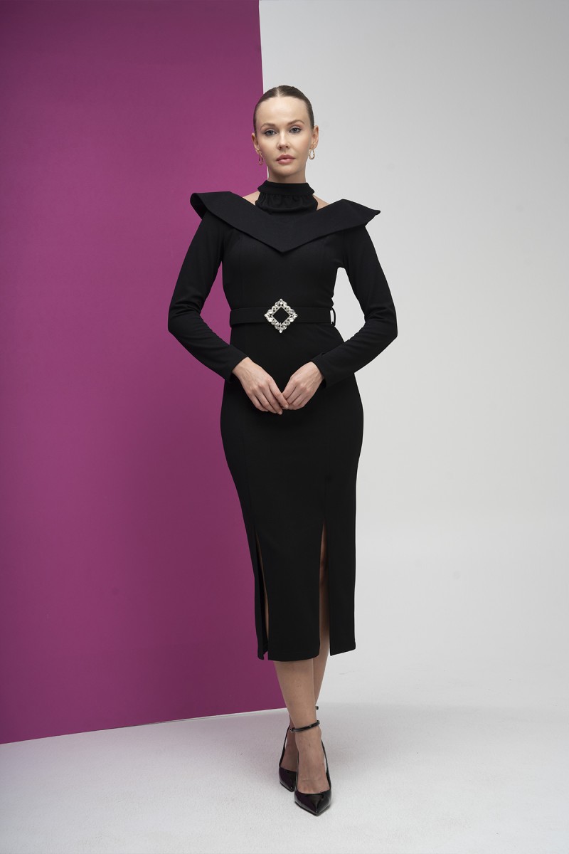 High Neck Shoulder Detailed Buckle Belt Scuba Crepe Dress