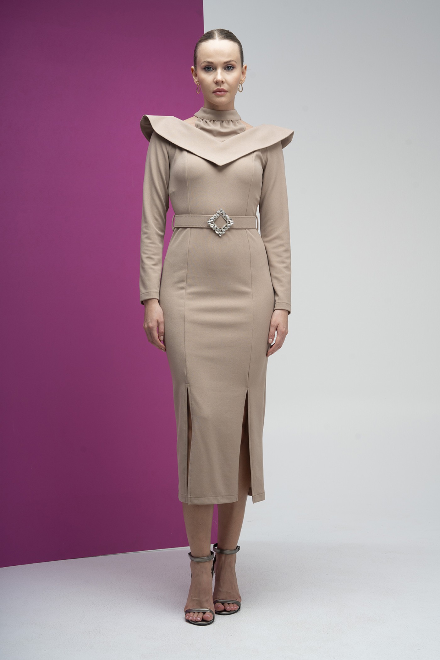 High Neck Shoulder Detailed Buckle Belt Scuba Crepe Dress High Neck Shoulder Detailed Buckle Belt Scuba Crepe Dress
