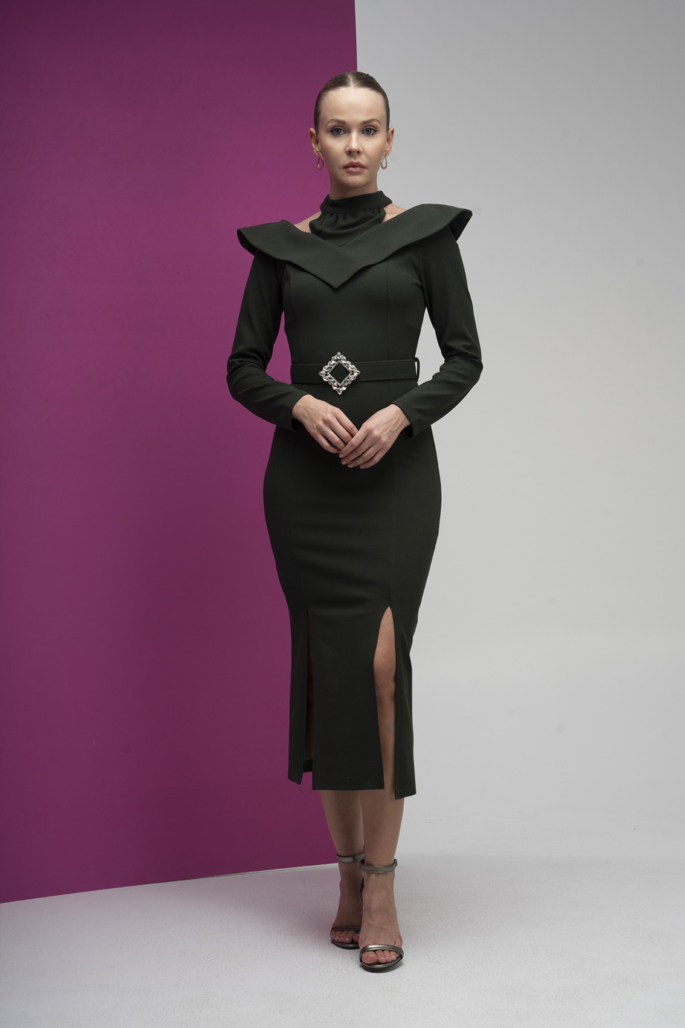 High Neck Shoulder Detailed Buckle Belt Scuba Crepe Dress High Neck Shoulder Detailed Buckle Belt Scuba Crepe Dress