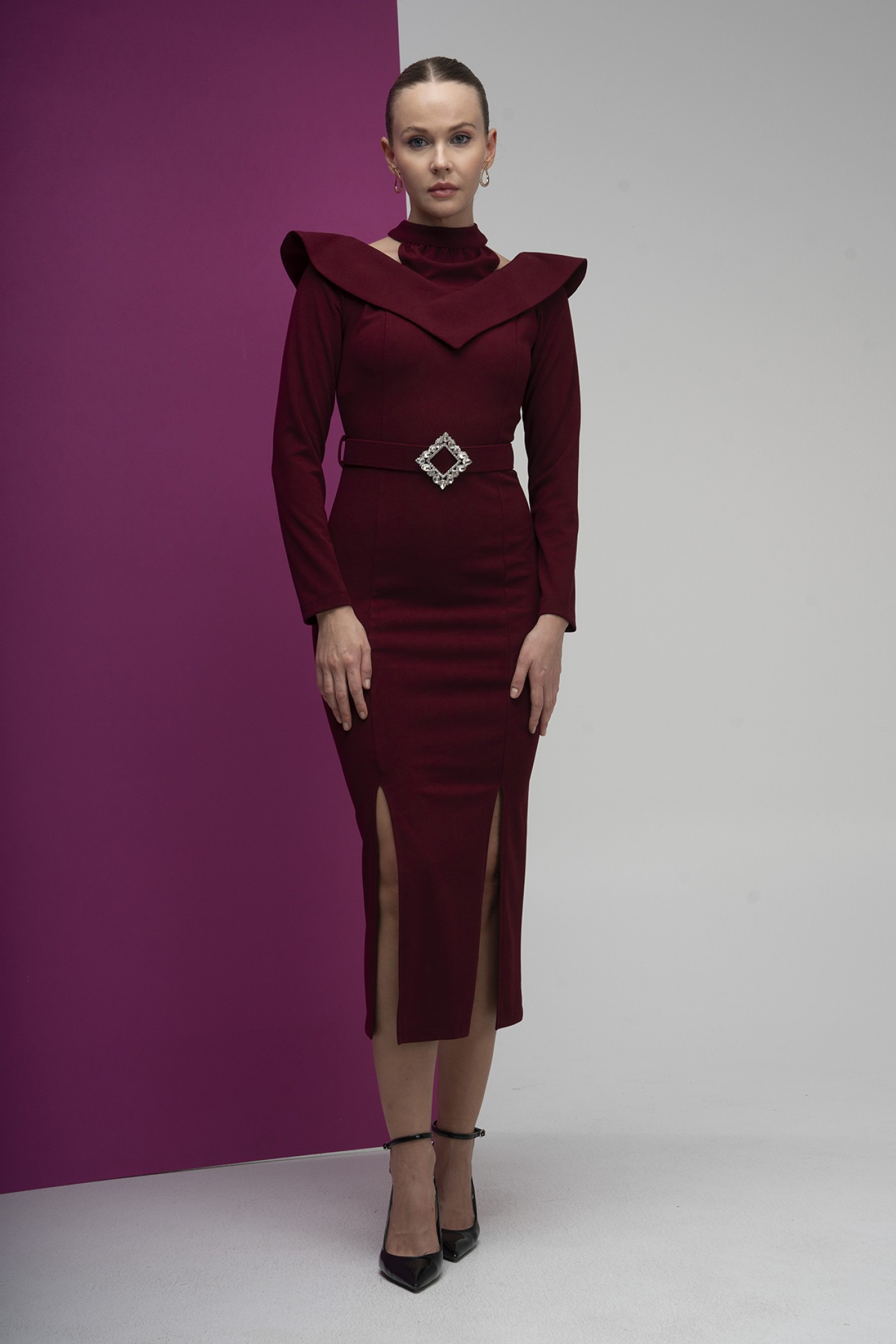 High Neck Shoulder Detailed Buckle Belt Scuba Crepe Dress High Neck Shoulder Detailed Buckle Belt Scuba Crepe Dress