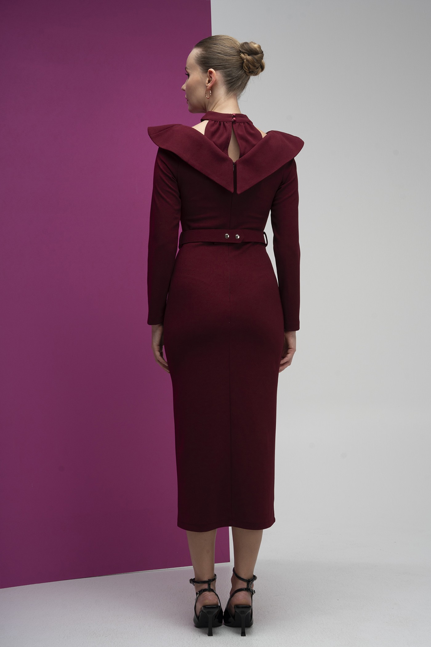 High Neck Shoulder Detailed Buckle Belt Scuba Crepe Dress High Neck Shoulder Detailed Buckle Belt Scuba Crepe Dress