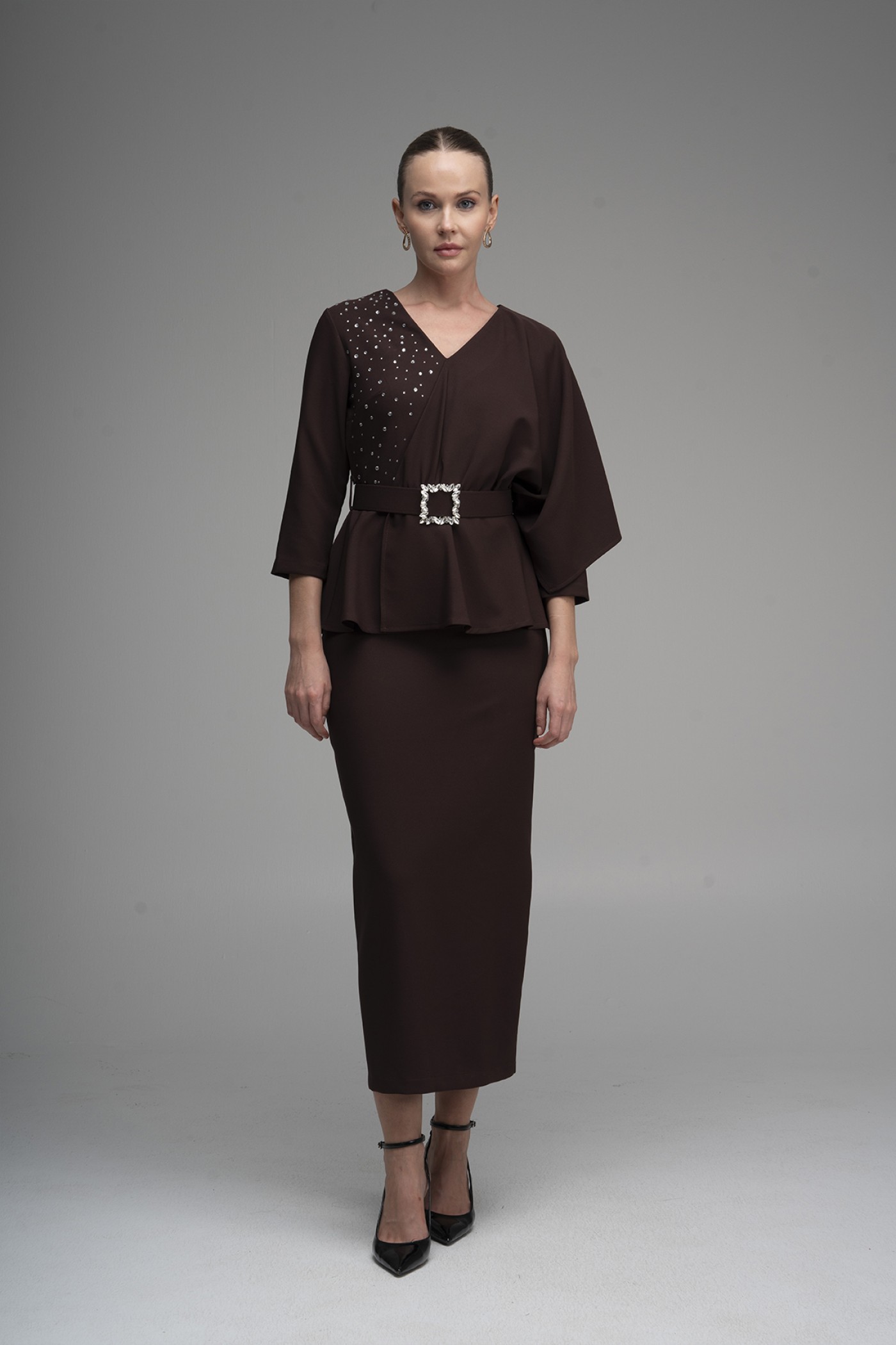 Stone Print Detailed Buckle Belt  Dress
