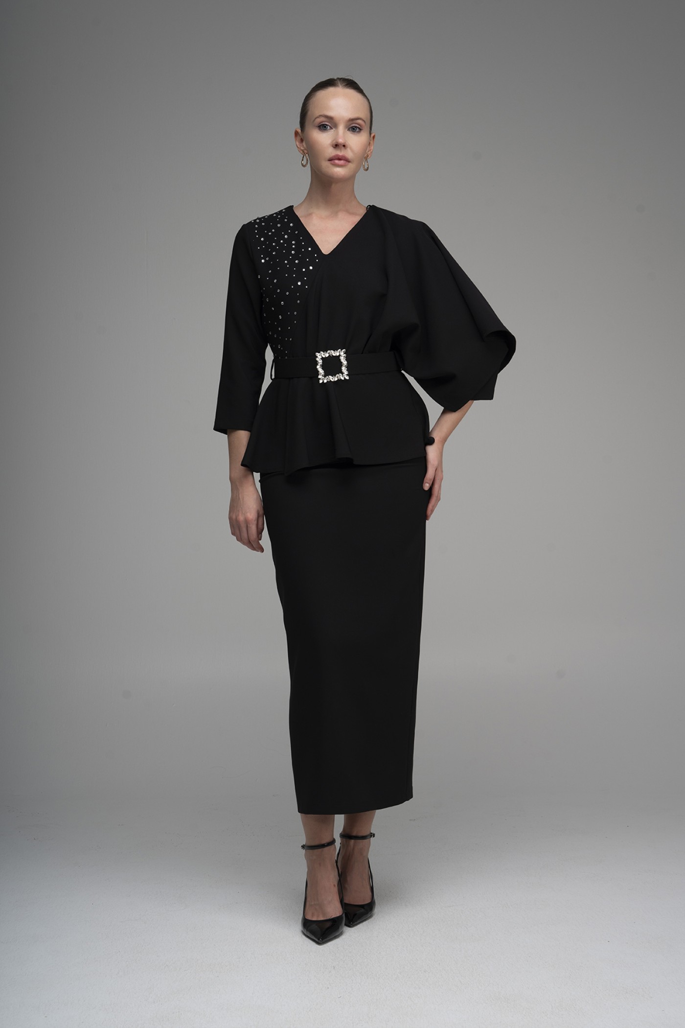  Stone Print Detailed Buckle Belt  Dress