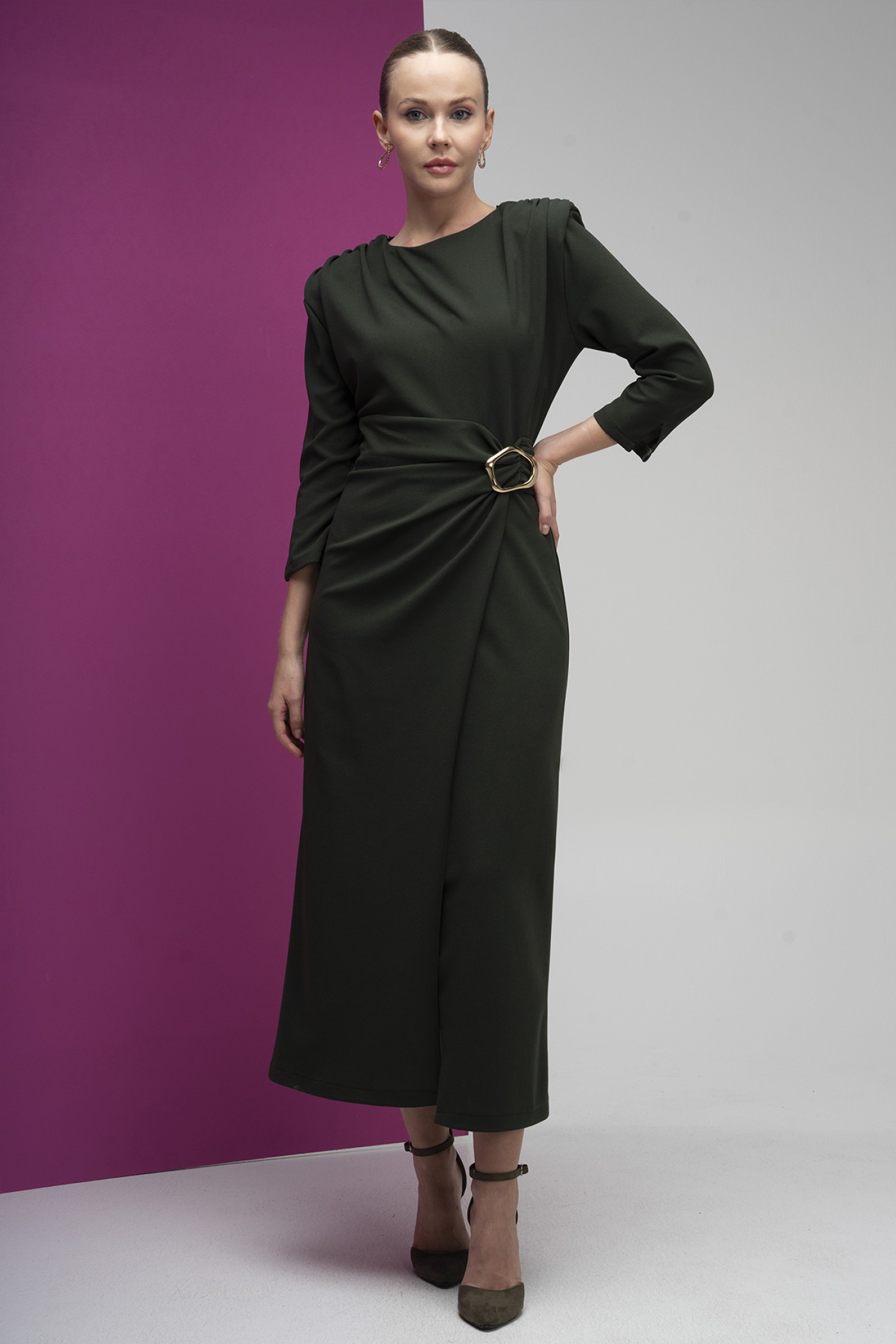  Plus Size Buckle Detail Scuba Crepe Dress 