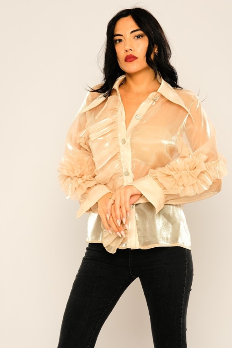 Shirt with Ruffles on Collar and Sleeves