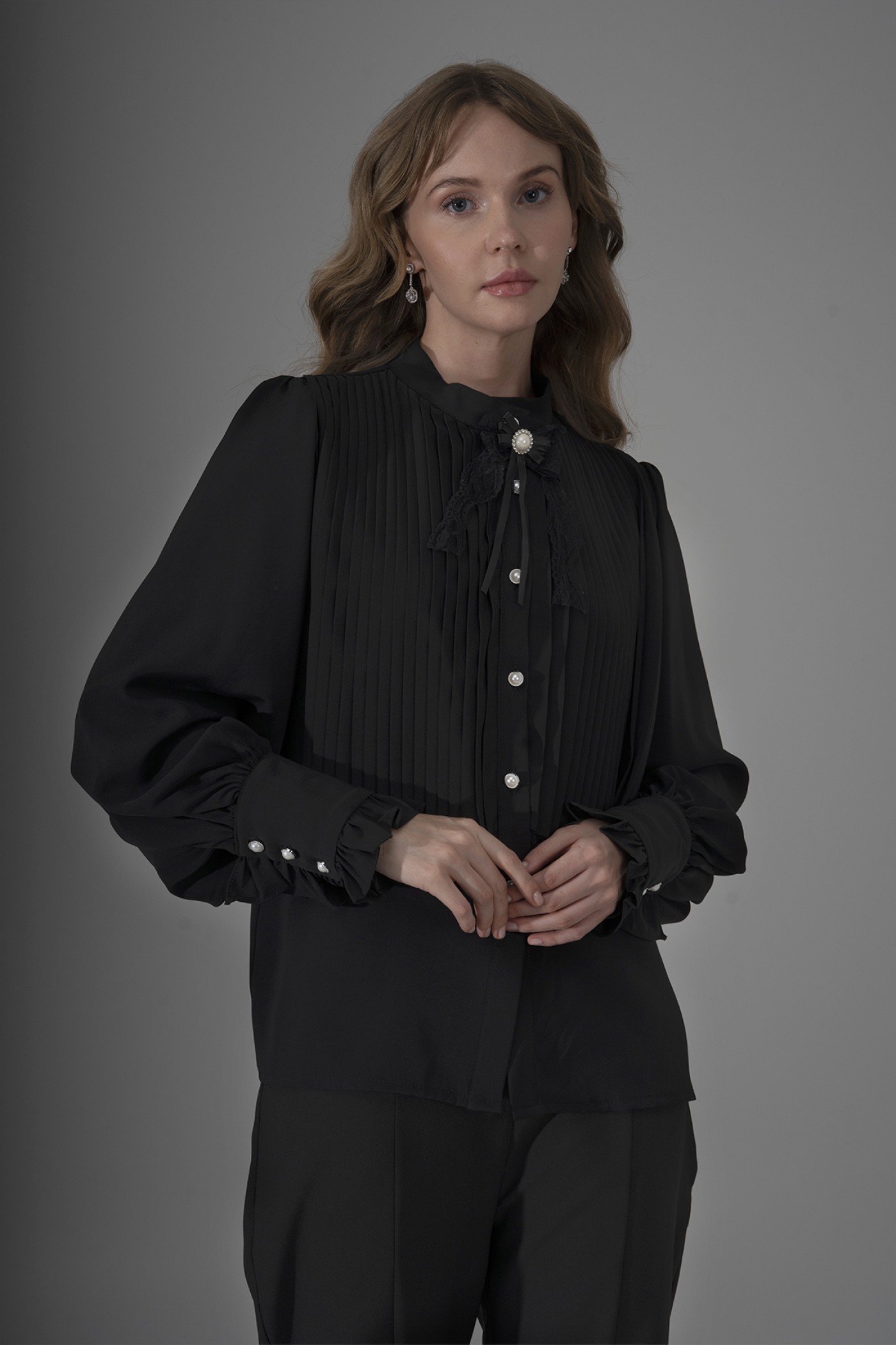 Shirt with Pleats and Bow Brooch