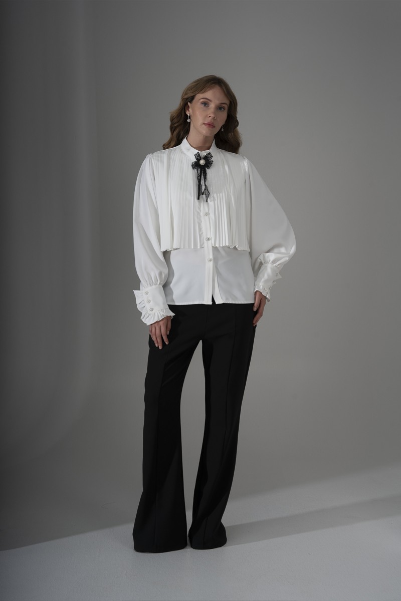 Shirt with Pleats and Bow Brooch
