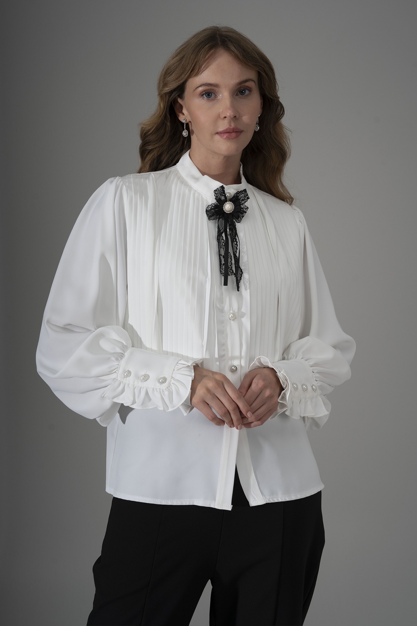Shirt with Pleats and Bow Brooch