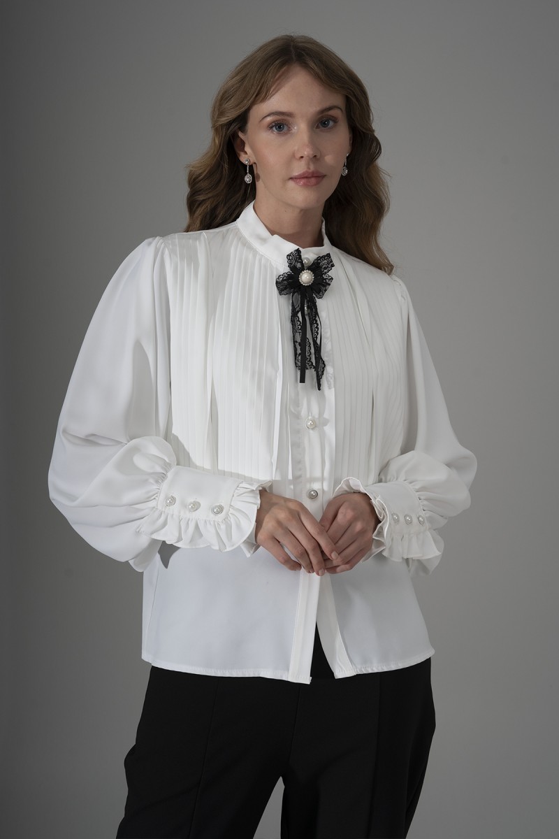 Shirt with Pleats and Bow Brooch