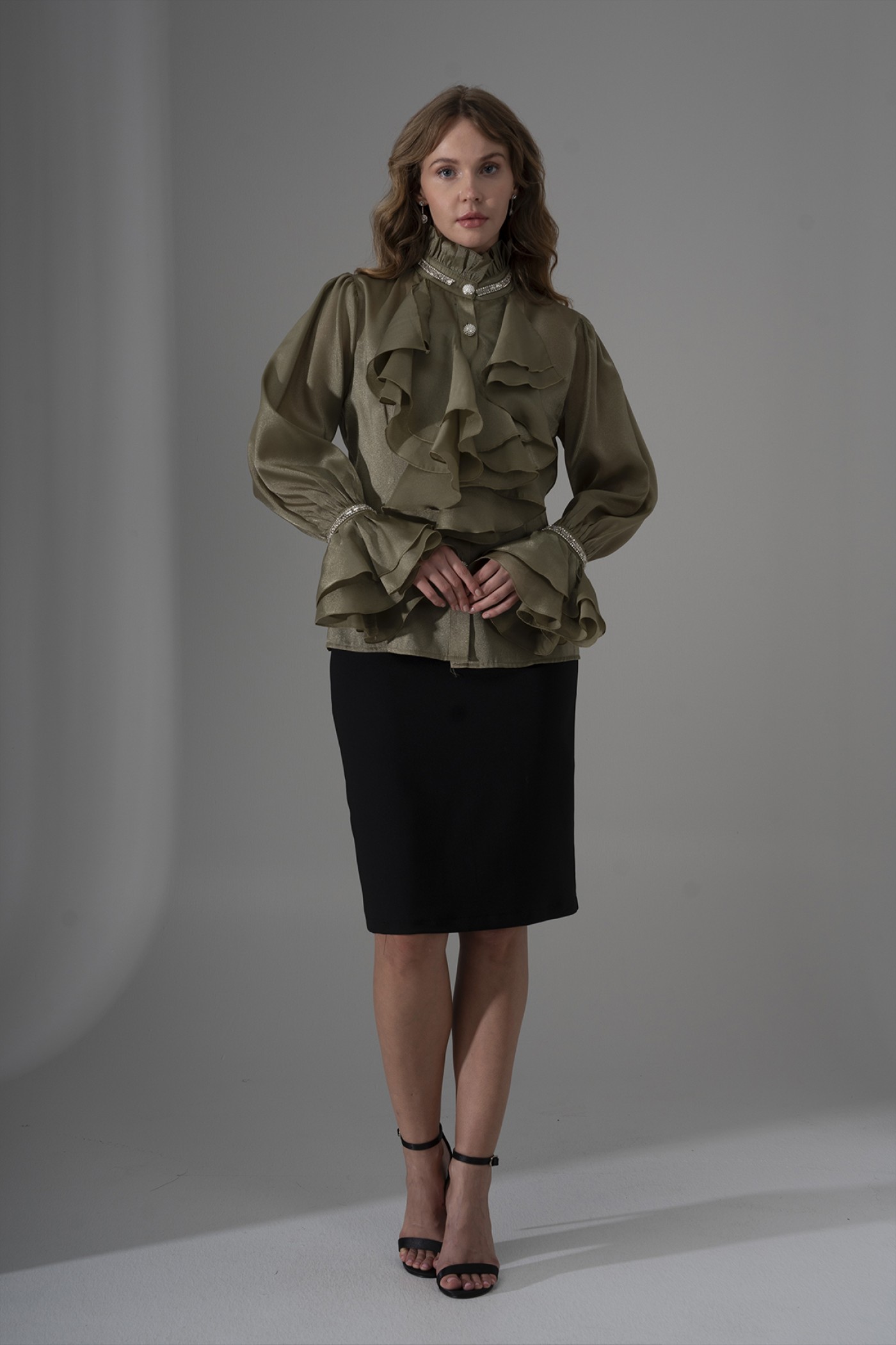 Pearl and Stone Detailed Ruffled Organza Shirt 
