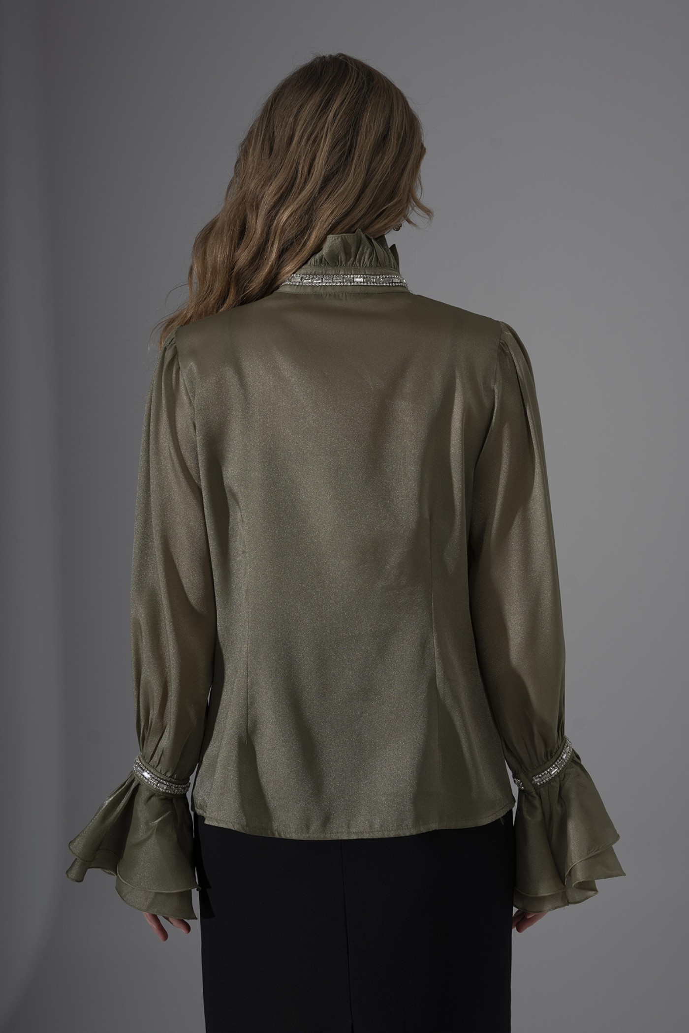 Pearl and Stone Detailed Ruffled Organza Shirt 