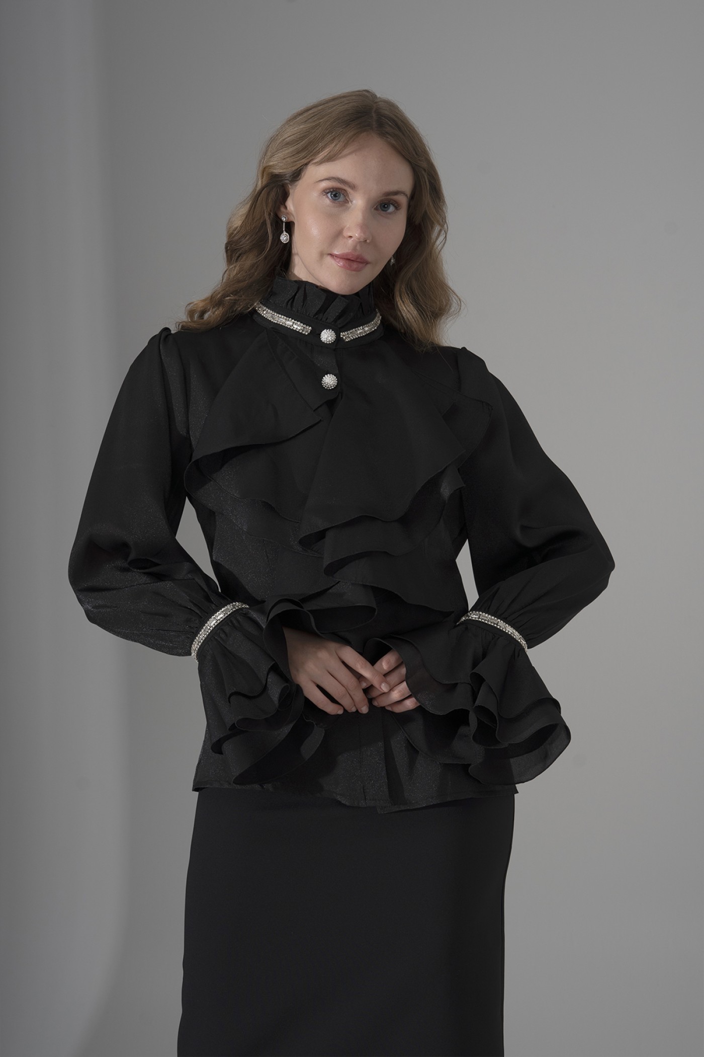Pearl and Stone Detailed Ruffled Organza Shirt 