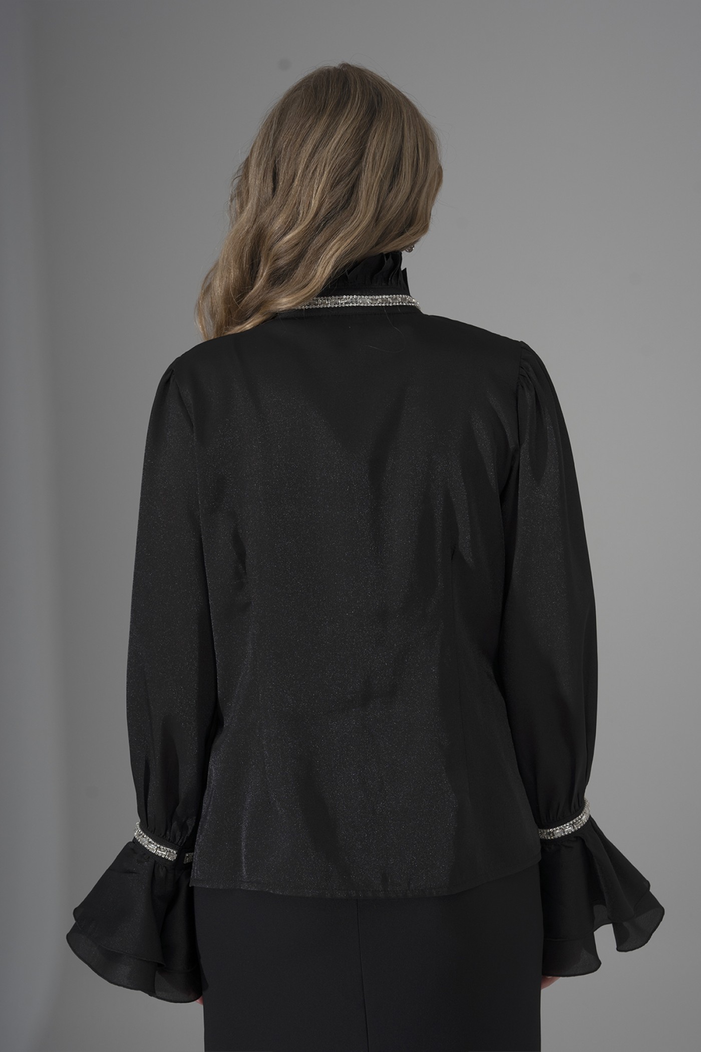 Pearl and Stone Detailed Ruffled Organza Shirt 