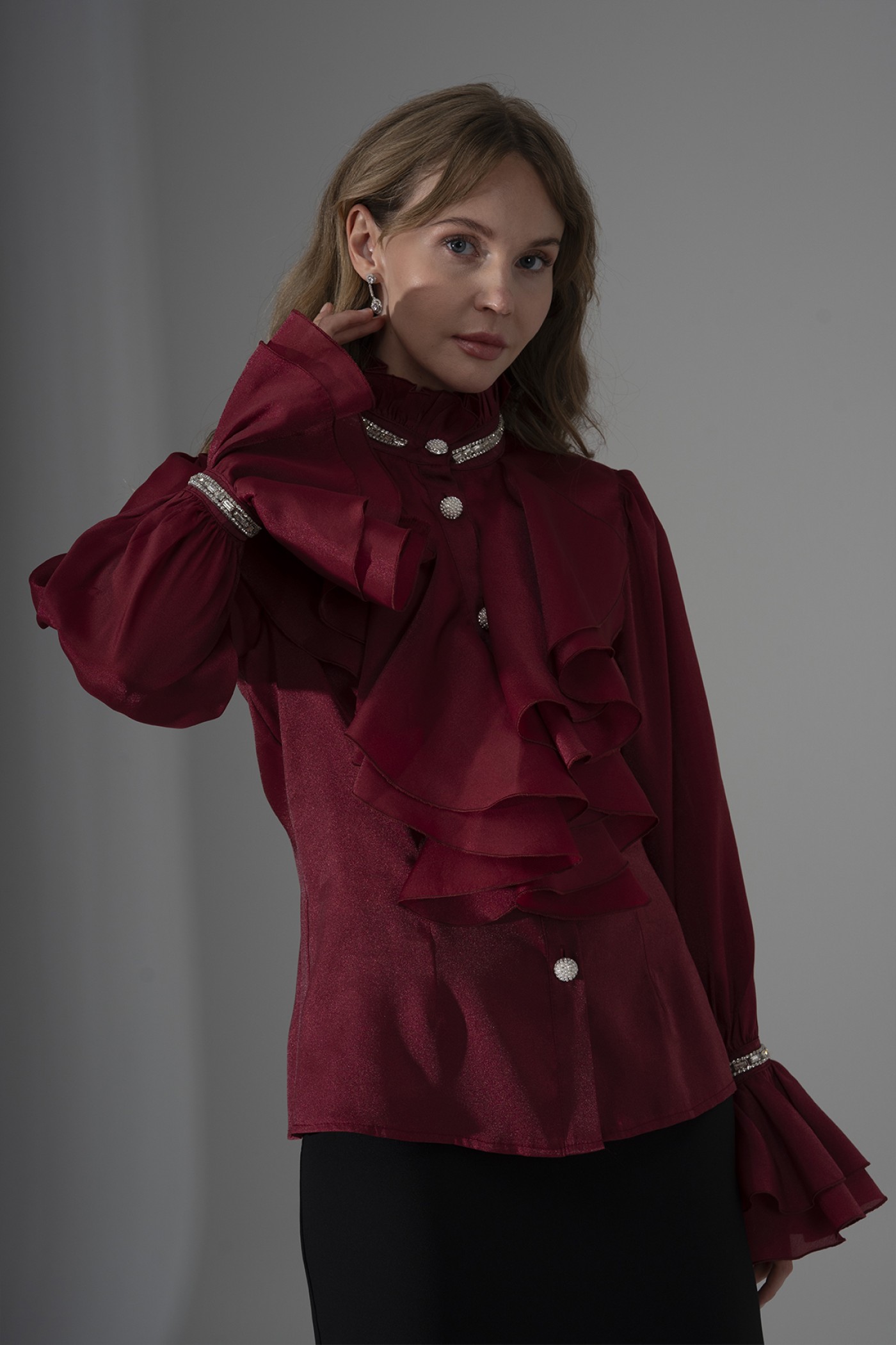 Pearl and Stone Detailed Ruffled Organza Shirt 