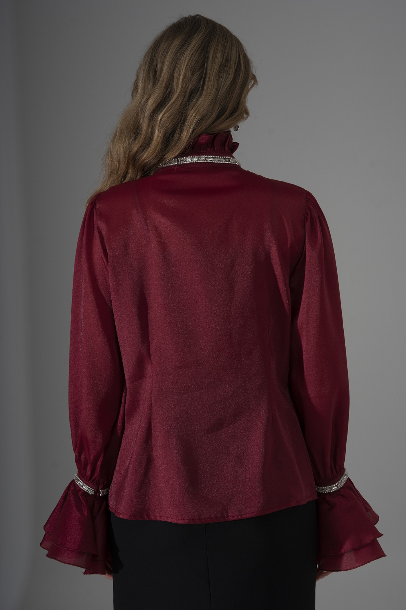 Pearl and Stone Detailed Ruffled Organza Shirt 